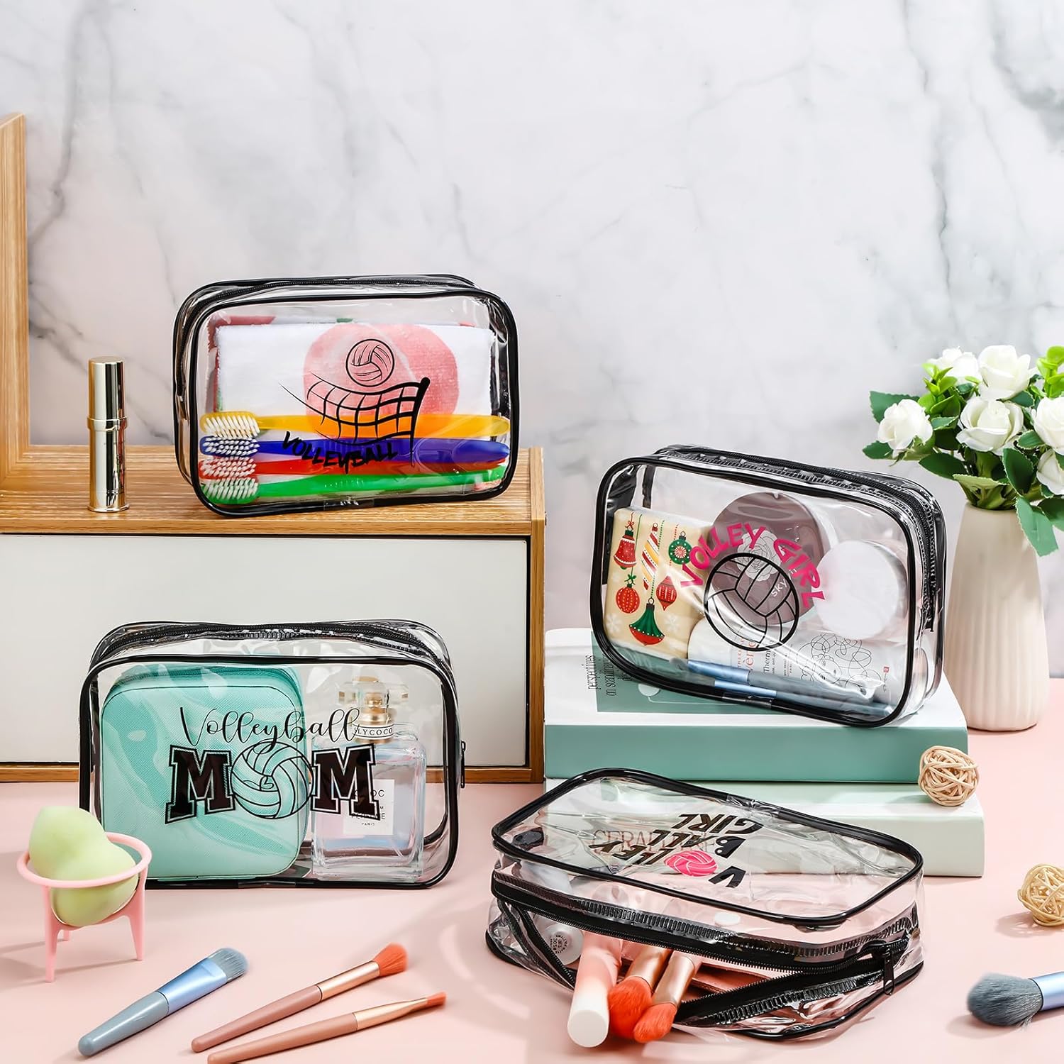 Abbylike 24 Pcs Cheer Gifts Cosmetic Bag 7 x 4.7 x 2.4'' Makeup Bag Cosmetic Toiletry Zipper Pouch Clear Zipper Case for Cheerleaders Women(Volleyball)