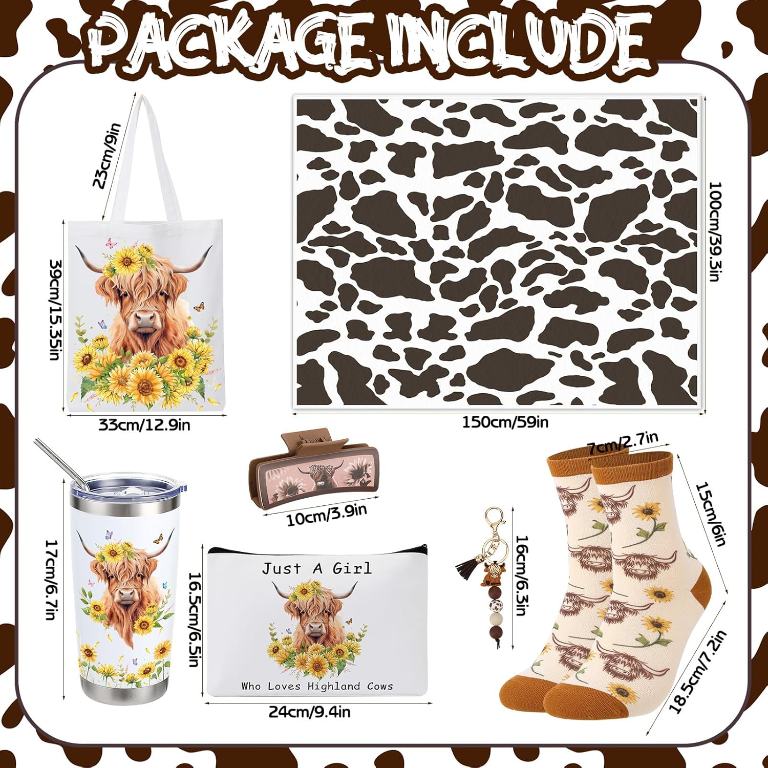7 Pcs Highland Cow Gifts for Women Highland Cow Stuff Include 20 Oz Tumbler Throw Blanket Canvas Tote Bag Makeup Bag Hair Claw Clips Keychain Socks for Highland Cows Lover Birthday Christmas Gifts