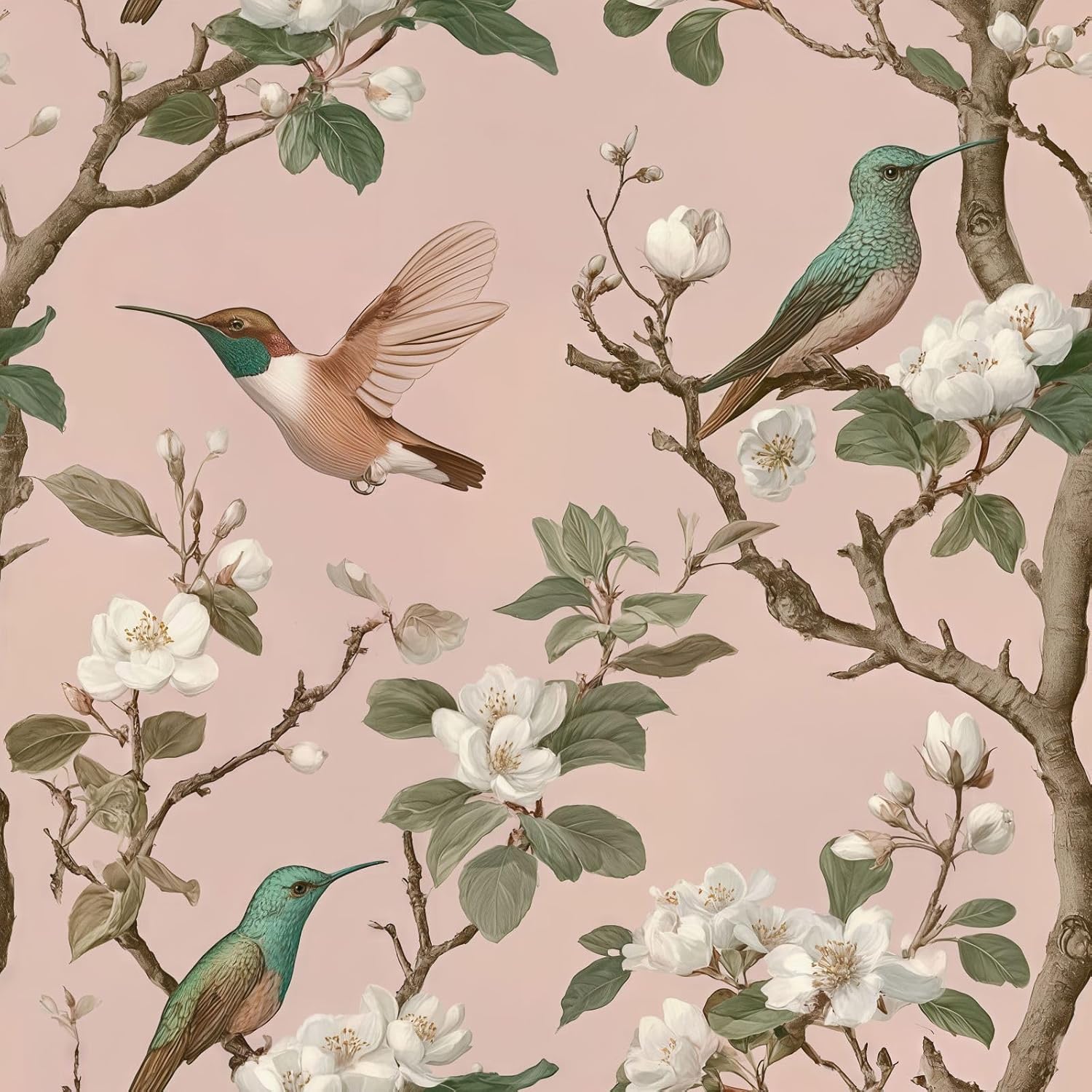 Peel and Stick Chinoiserie Vintage Wallpaper Removable Botanical Leaf Tree Bird Floral 17.7" x 236.22" Wall paper Self Adhesive Watercolor Contact Paper for Classroom Bedroom laundry room bathroom
