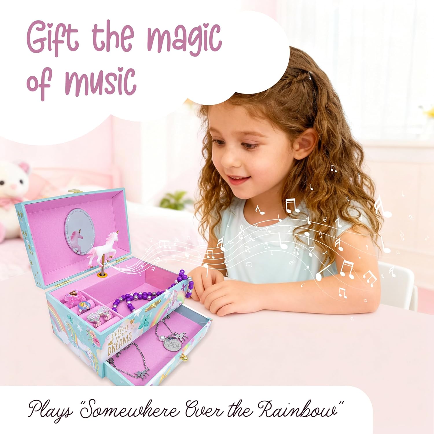 Girl wearing the included unicorn necklace and bracelet