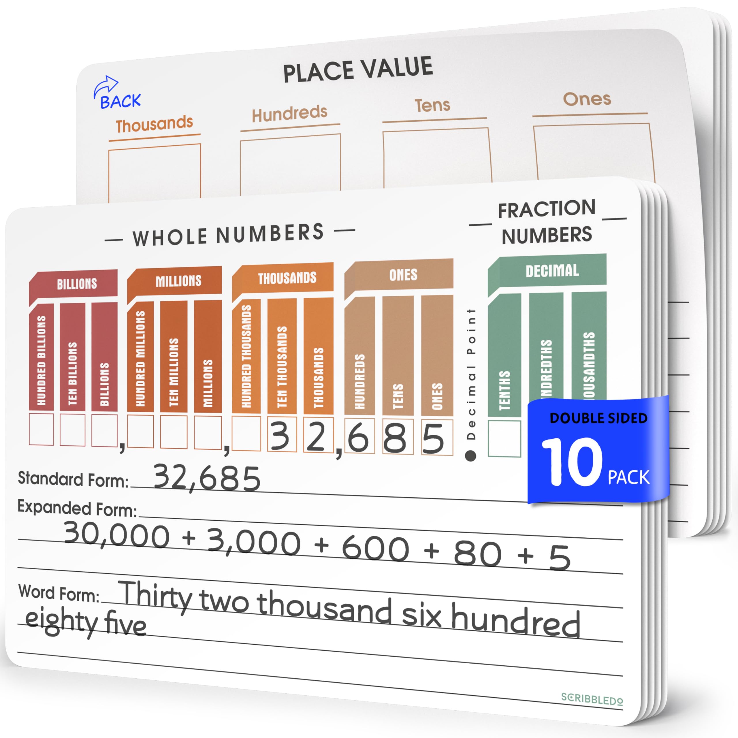 SCRIBBLEDO Place Value Chart Math Practice 9”x12” Small White Board Dry Erase Sheets Math Manipulatives Math Supplies Homeschool Teacher Students Classroom Pack of 10 Sheets