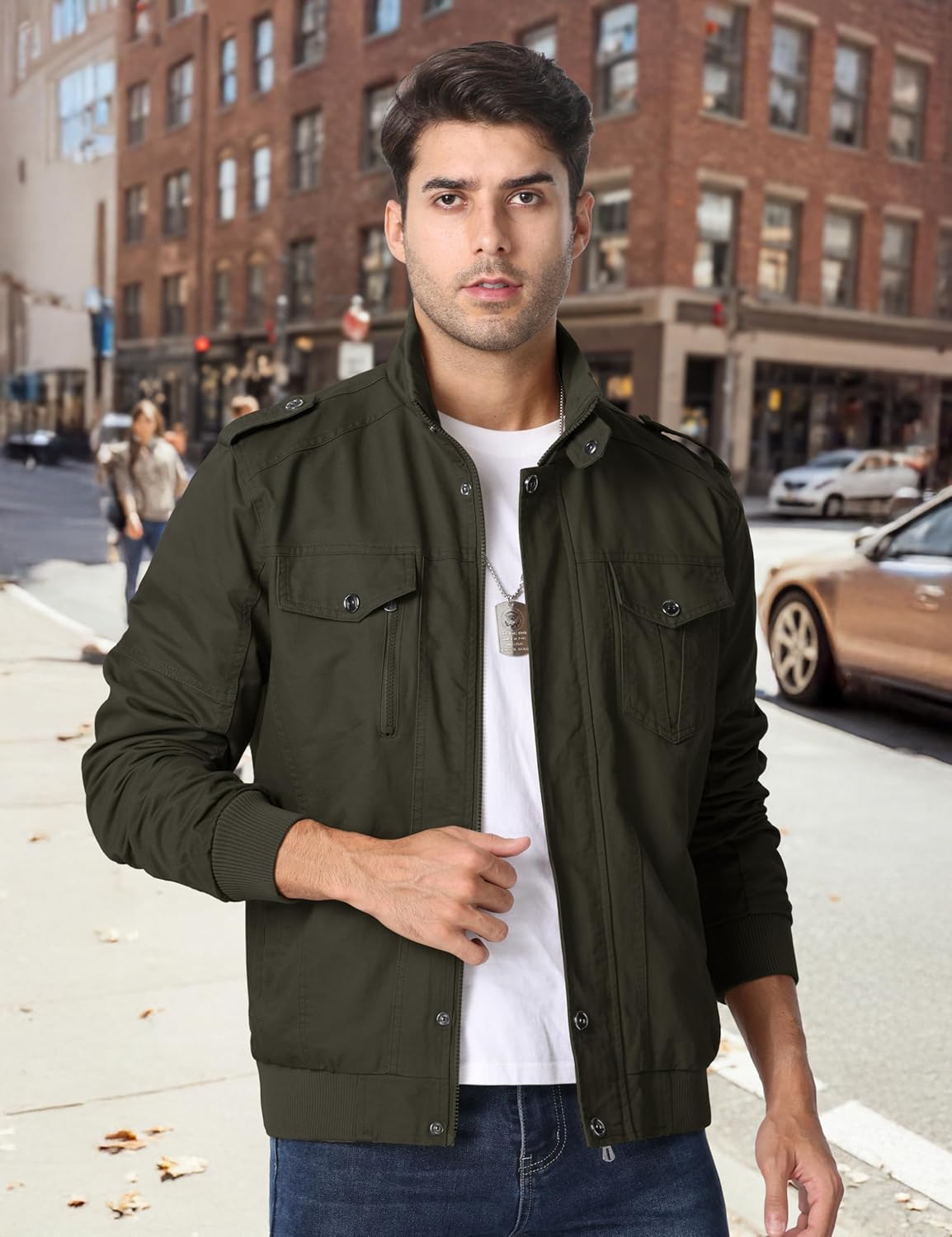 CRYSULLY Men's Cotton Military Jacket Lightweight Casual Windbreaker Stand Collar Bomber Jackets Coat with Multi Pockets - Image 2
