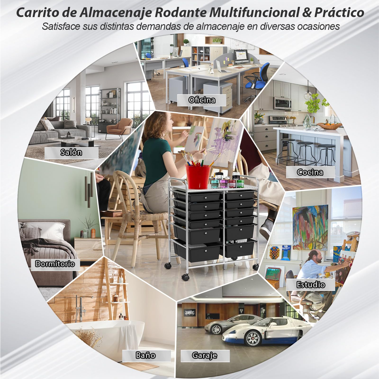 COSTWAY Carrito Auxiliar con Ruedas, Mueble Auxiliar Cocina con 12 Cajones Apilables, Carrito Organizador de Estructura Metálica para Cocina Oficina, Baño (Negro)