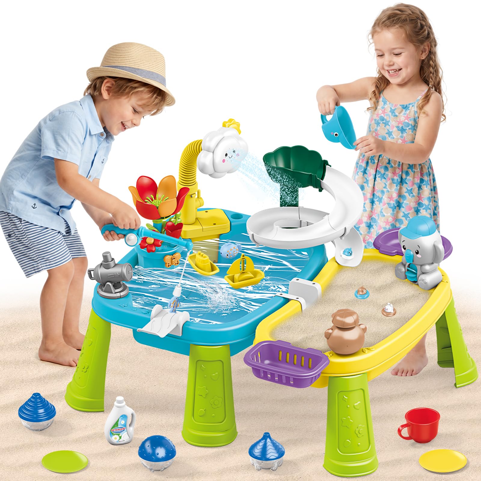 deAO Table de Jeux d'eau et de Sable, Table d'Activités avec Fonctions d'arrosage en Circulation, évier de Jeu à Eau Courante, Toboggan et Pêche, Jouet d'eau Intérieur pour Maison et Jardin