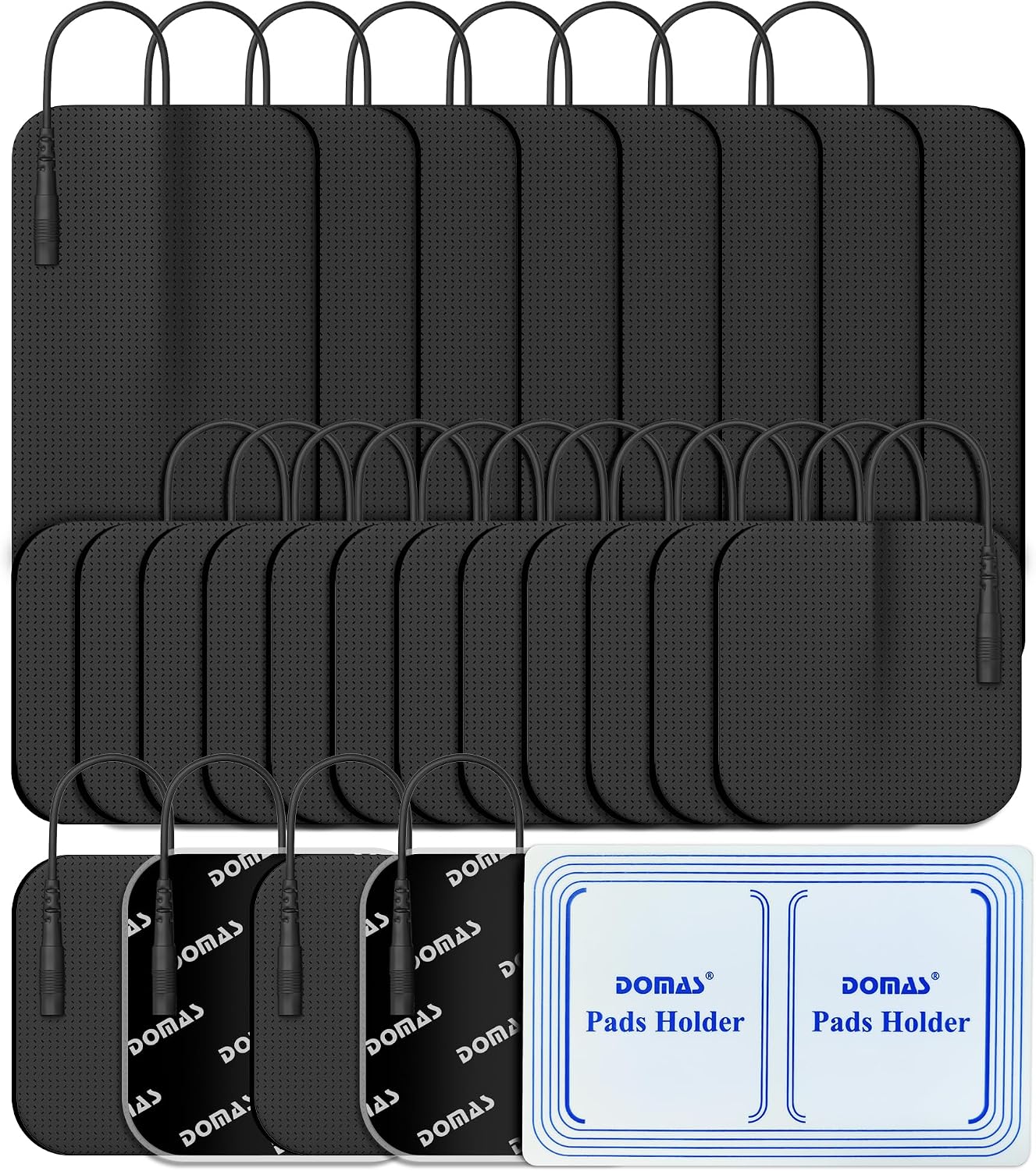 DOMAS 24 Pack 2x2&2x4 TENS Pads with Pad Holder, for TENS 7000, 30 Uses, Latex-Free, TENS Unit Electrode Replacement Pads Compatible with AUVON Etekcity & Other 2 mm Pin TENS Units (Black)
