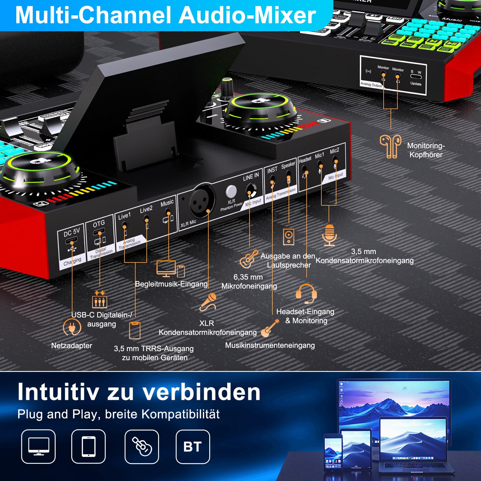 TENLAMP G10 Podcast-Equipment, Audio-Interface mit Soundeffekten, 3,5mm Kondensatormikrofon, Mikrofonarm, Latenzfreies Hardware-Autotune, Echtzeit-Monitoring, Rauschunterdrückung, für PC, Handy