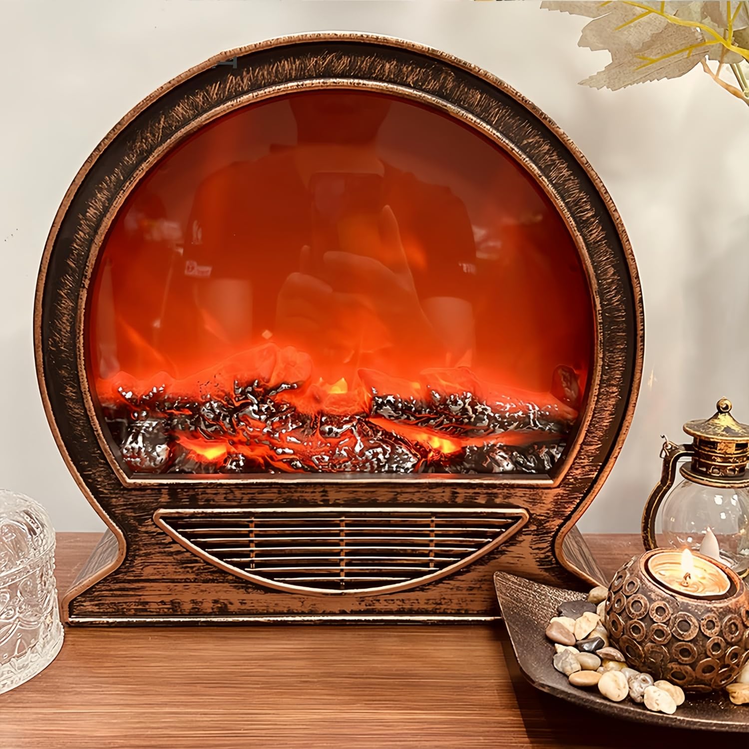 Simulated LED Fireplace Lantern USB & Battery Powered Flameless Light With Emulation Flame Table Decorative Lamp Copper Fireplace Ornament for Cozy Home Decor Free Standing Electric Log Burner