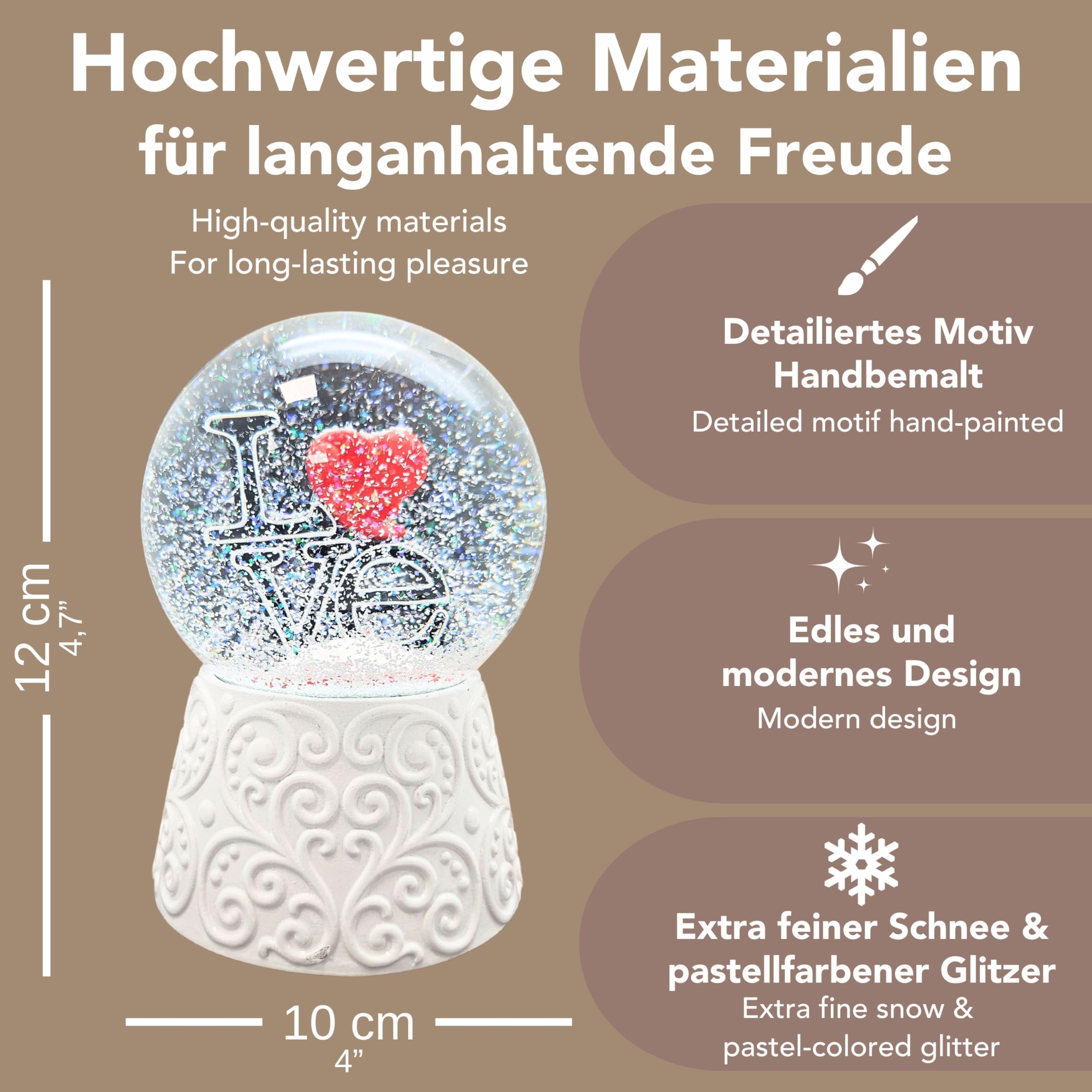 Boule à neige Love avec cœur - Inscription Love sur socle blanc - Ornements - Avec boîte à musique - Boule à secouer en verre - Hauteur : 14 cm - Largeur : 10 cm - Cadeau de Saint-Valentin, jour des
