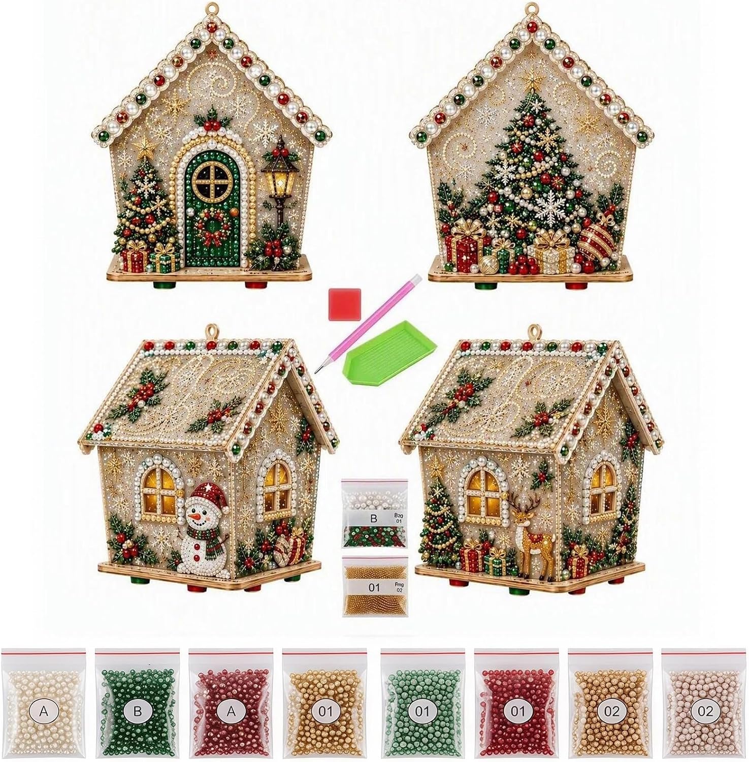DIY Pearl Art Kit,3D Christmas House Sparkling Hanging Decor