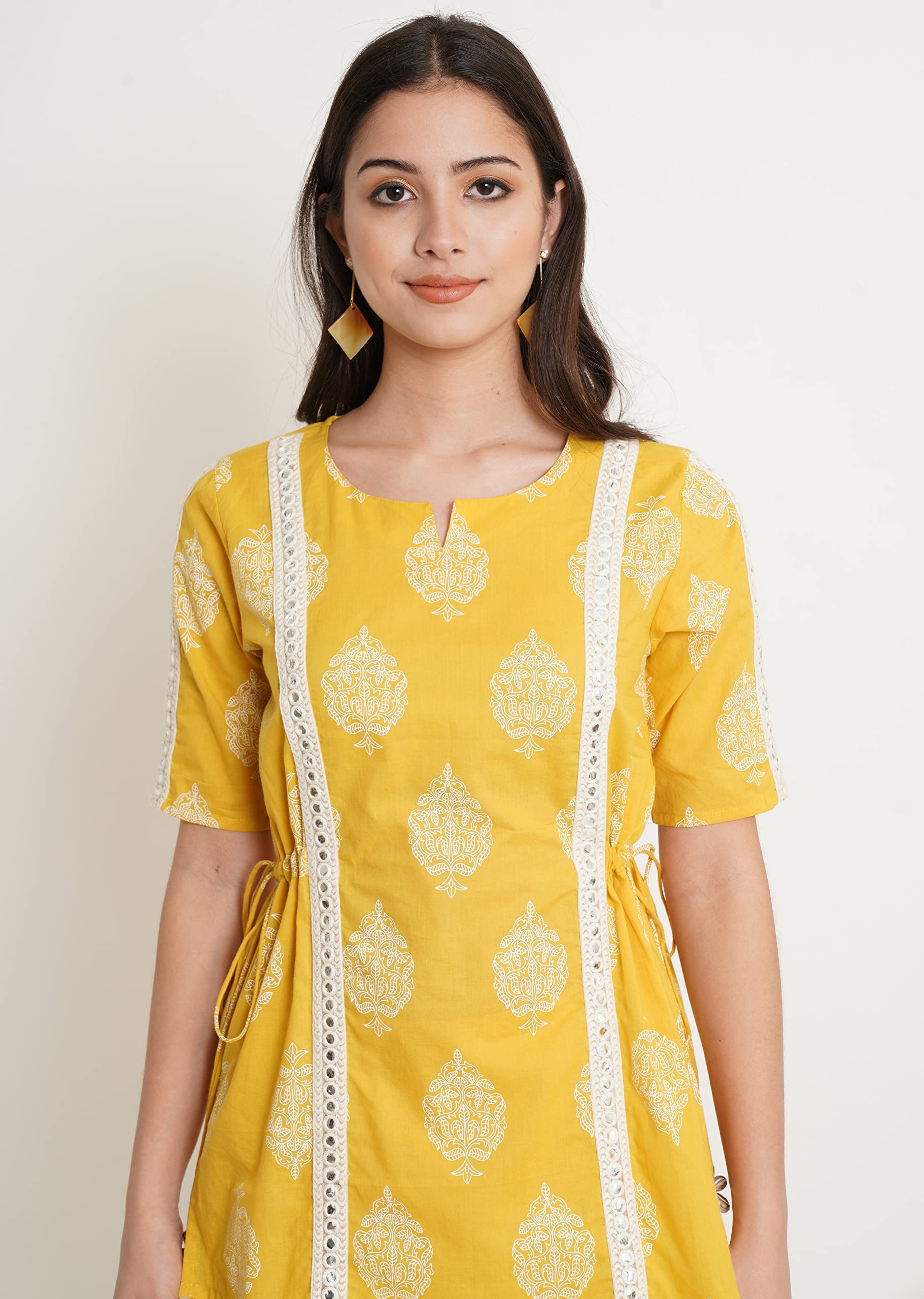 COTLAND Fashions Jaipuri Cotton Printed Top with Pants Co-Ord Set for Women (Mango Yellow) 1