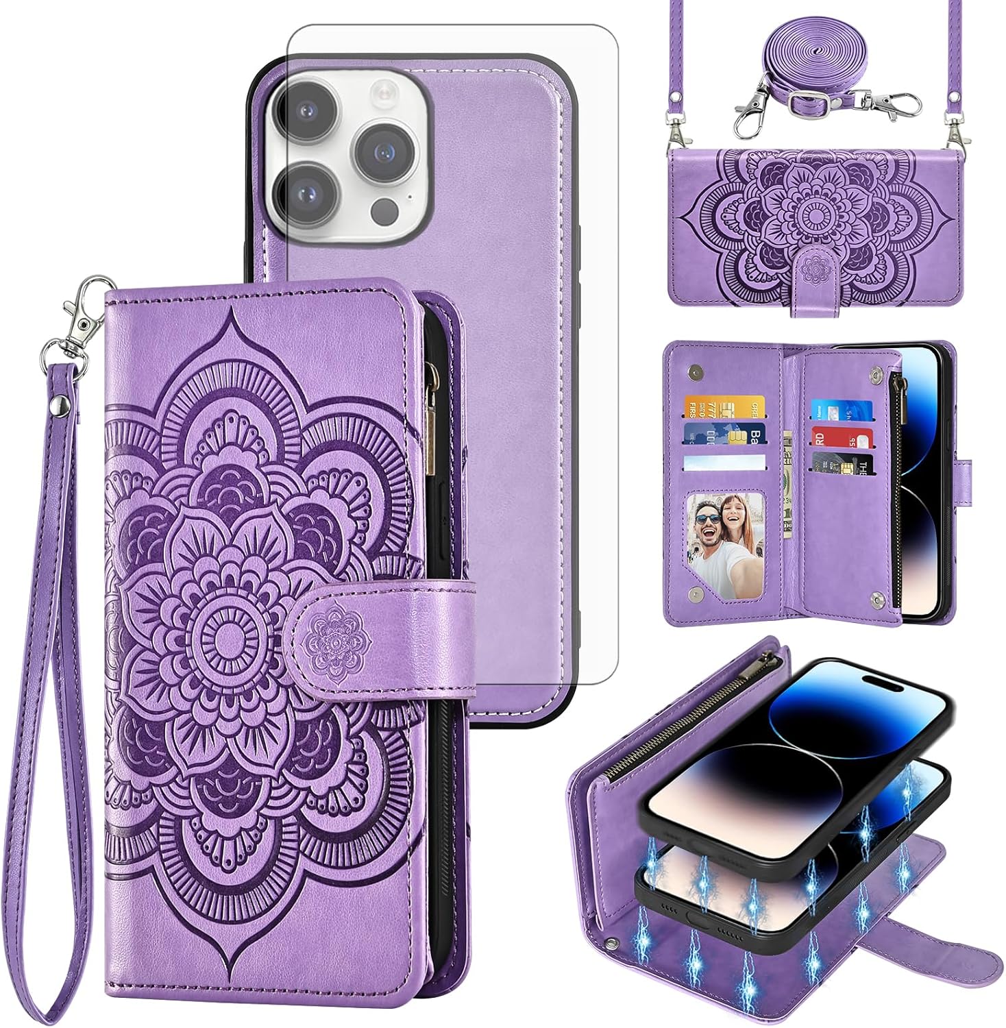 Asuwish Phone Case for iPhone 14 Pro 6.1 inch Zipper Wallet Magnetic Cell Cover with Tempered Glass Screen Protector Strap Flower Card Holder iPhone14Pro 5G i i-Phone i14 iPhone14 4 14Pro Women Purple