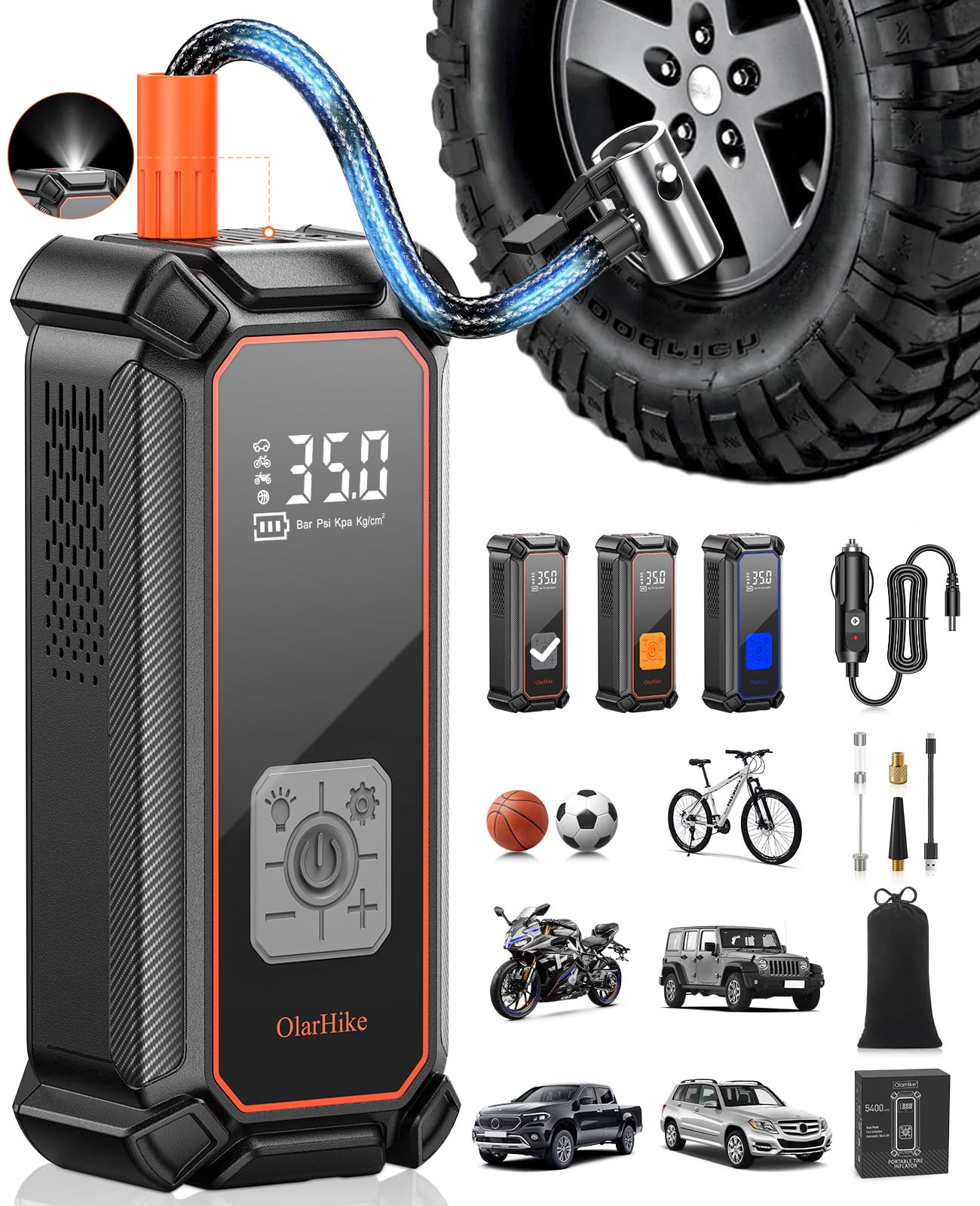 OlarHike Cordless Tire Inflator Portable Air Compressor, 150PSI Dual Mode, 5400mAh & 12V DC Auto Air Pump for Car Tires, Motorcycle, Bicycle, Electric Pump with LED Light & Digital Pressure Gauge