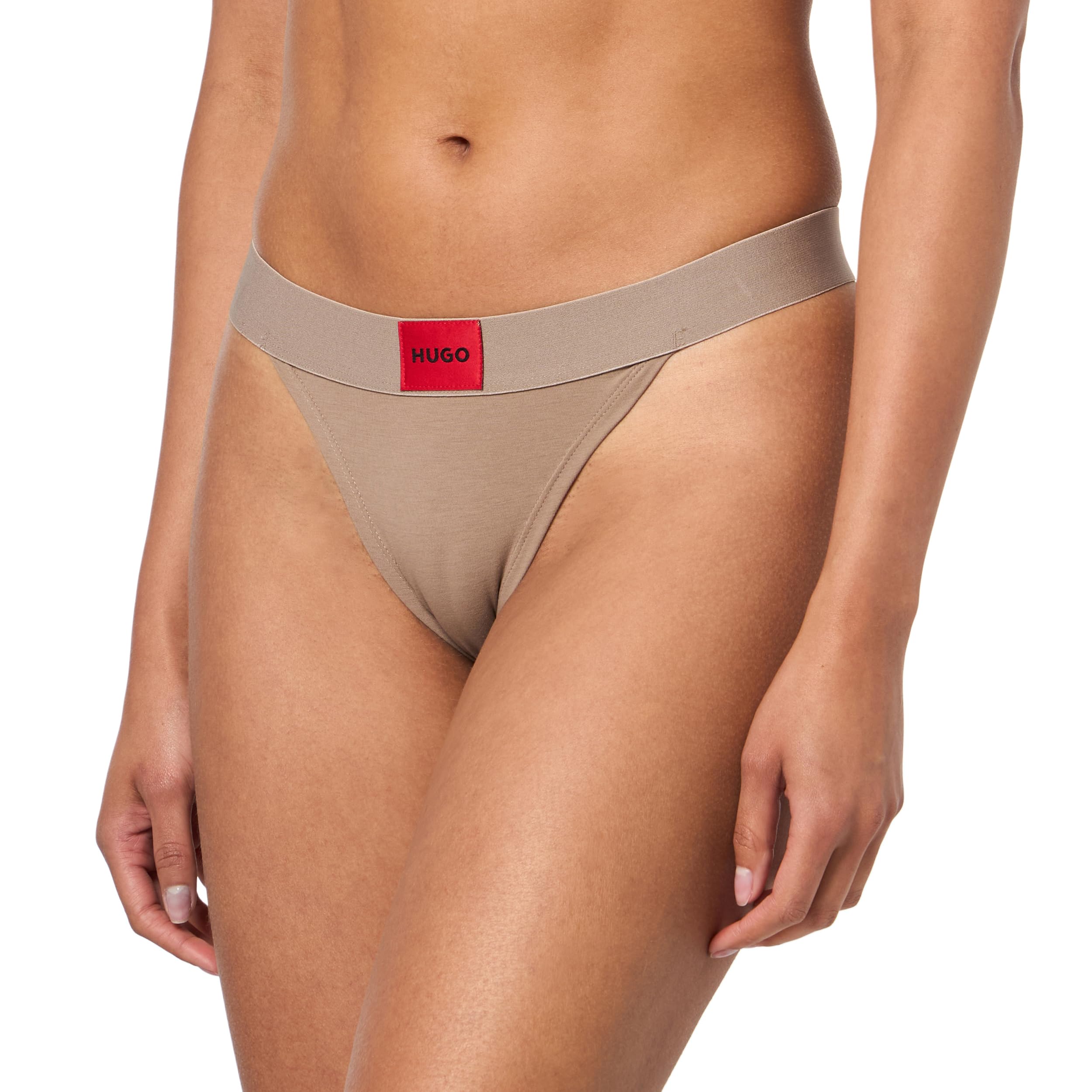 Hugo Women's Taupe Grey Square Logo Cotton String Thong Panties, Xs