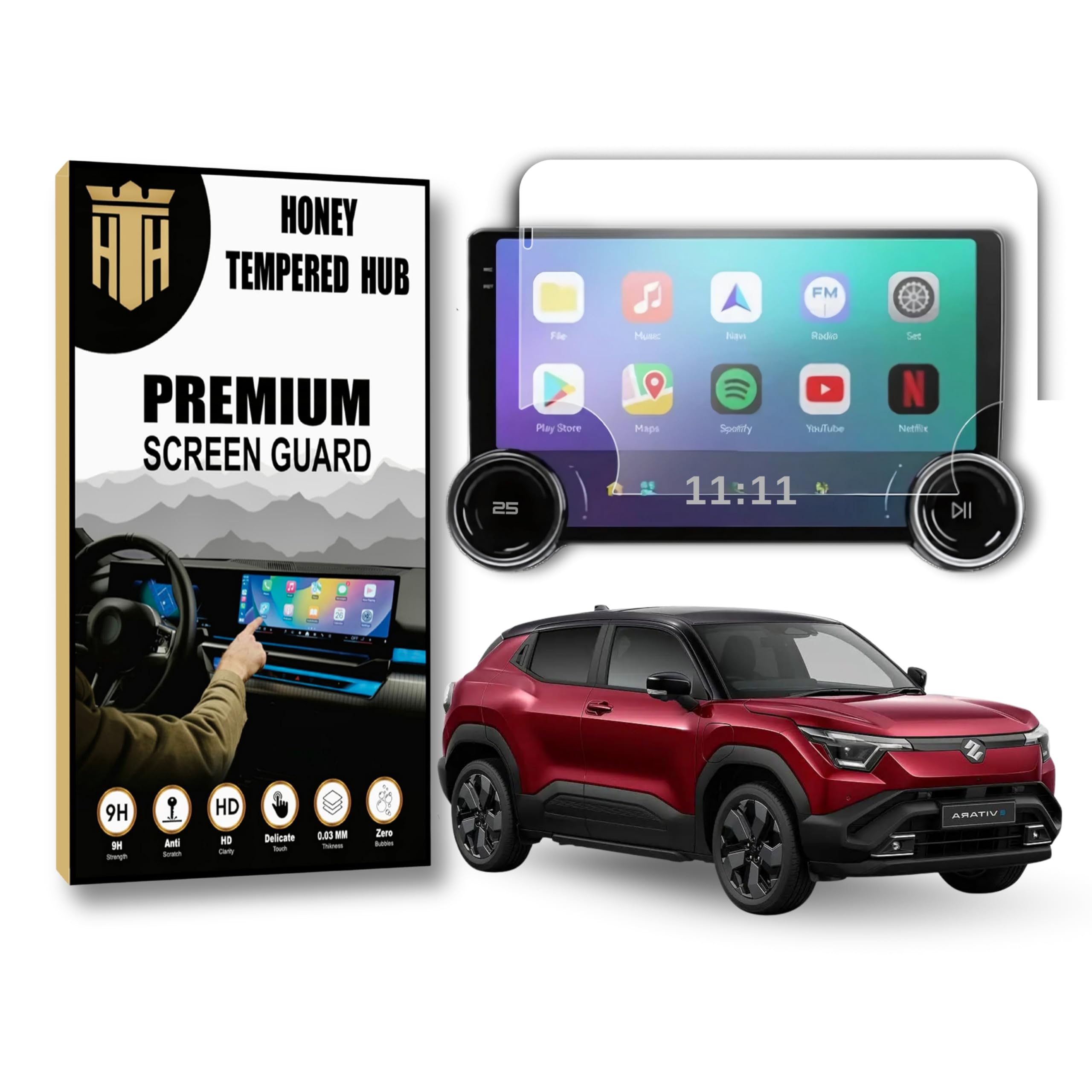 HONEY TEMPERED HUBHONEY TEMPERED HUB Screen Guard For Android Diamond 2K 10.1 Inch Car Stereo System | Aftermarket Infotainment Screen Protector | Touchscreen Music Audio Player Accessory [Not Tempered Glass] ( with button hole )