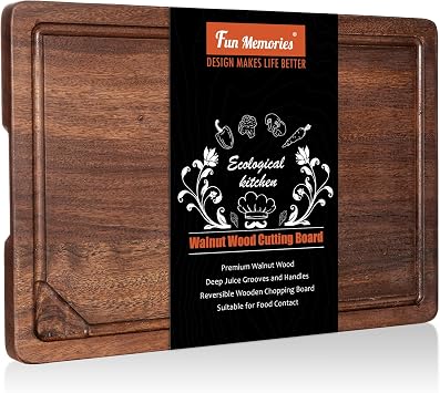 Fun Memories Black Walnut Cutting Board for Kitchen, Reversible Large Butcher Block Board, Large Wood Cutting Board Carving Board with Juice Groove & Concealed Handlers, 15"x10" Gift Box