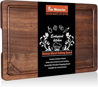 Fun Memories Black Walnut Cutting Board for Kitchen, Reversible Large Butcher Block Board, Large Wood Cutting Board Carving Board with Juice Groove & Concealed Handlers, 15"x10" (Gift Box)