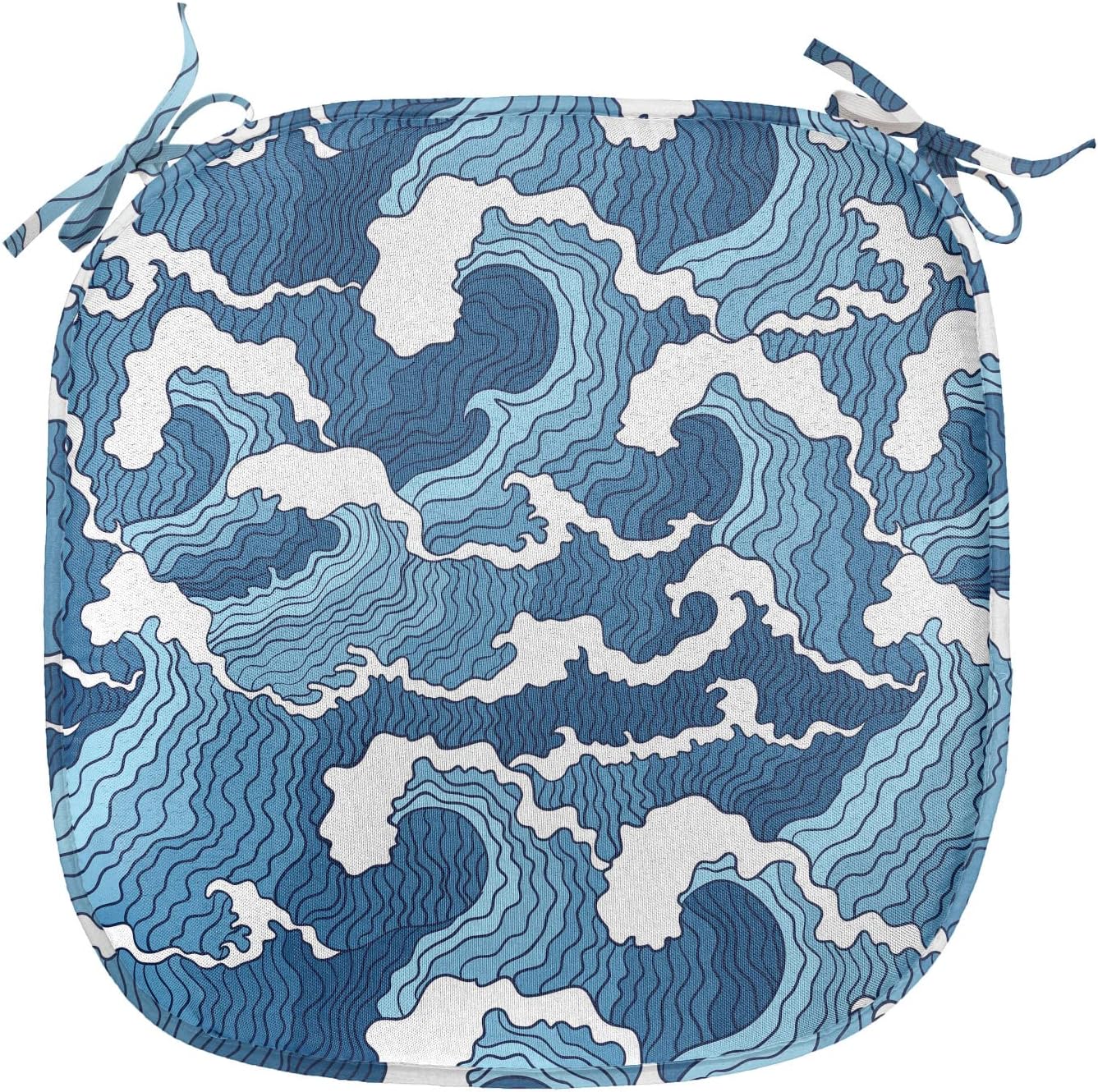 Lunarable Japanese Wave Chair Seating Cushion Set of 8, Stormy Sea with Abstract Chinese Folk Art Influences Illustration, Anti-Slip Seat Padding for Kitchen & Patio, 16"x16", Pale Blue Dark Blue