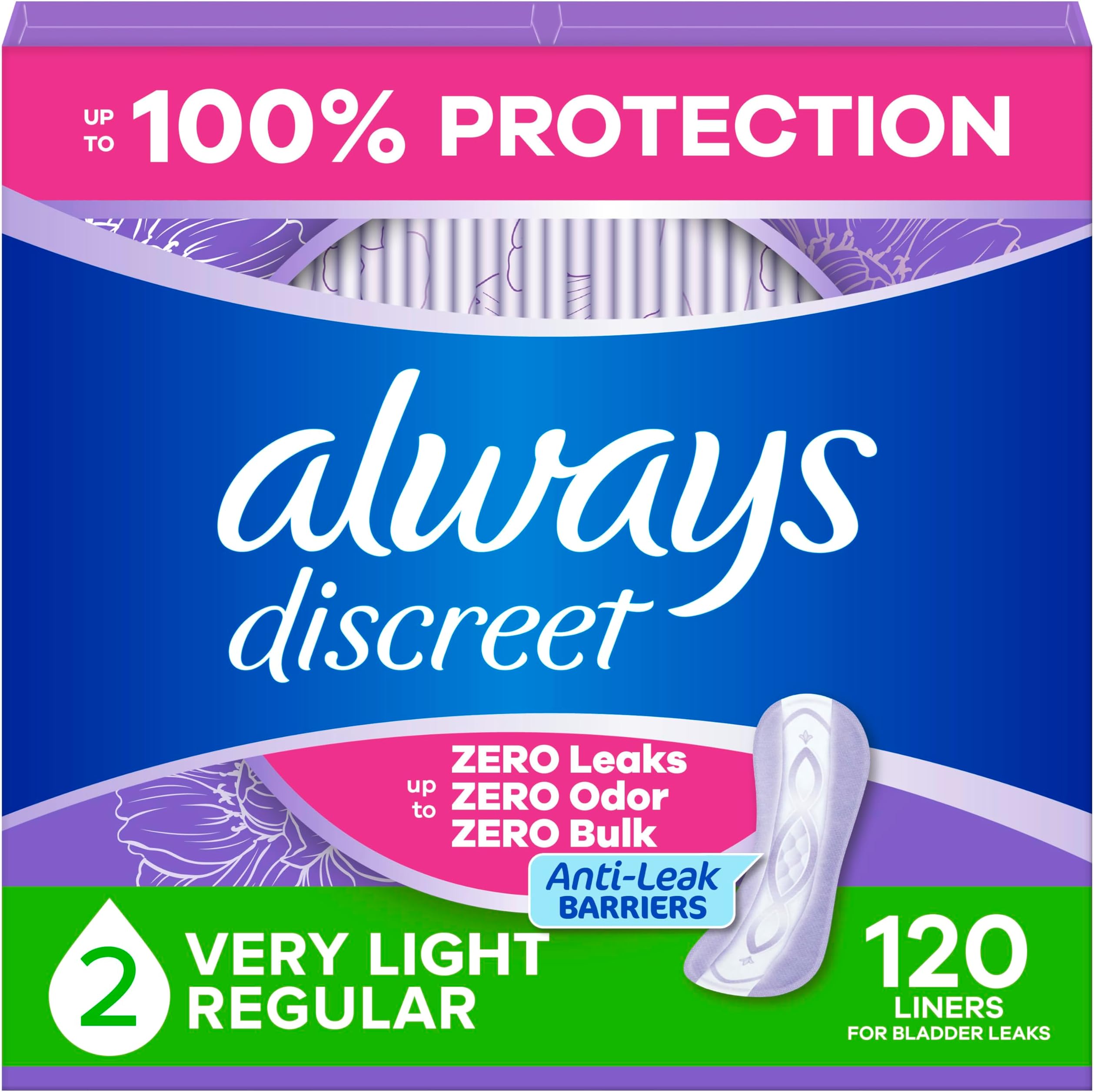 Incontinence Panty Liners for Bladder Leaks, Size 2, Very Light Absorbency, 120 Count