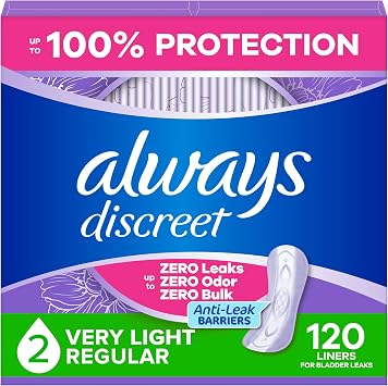 Always Discreet Incontinence Panty Liners for Bladder Leaks, Size 2, Very Light Absorbency, 120 Count