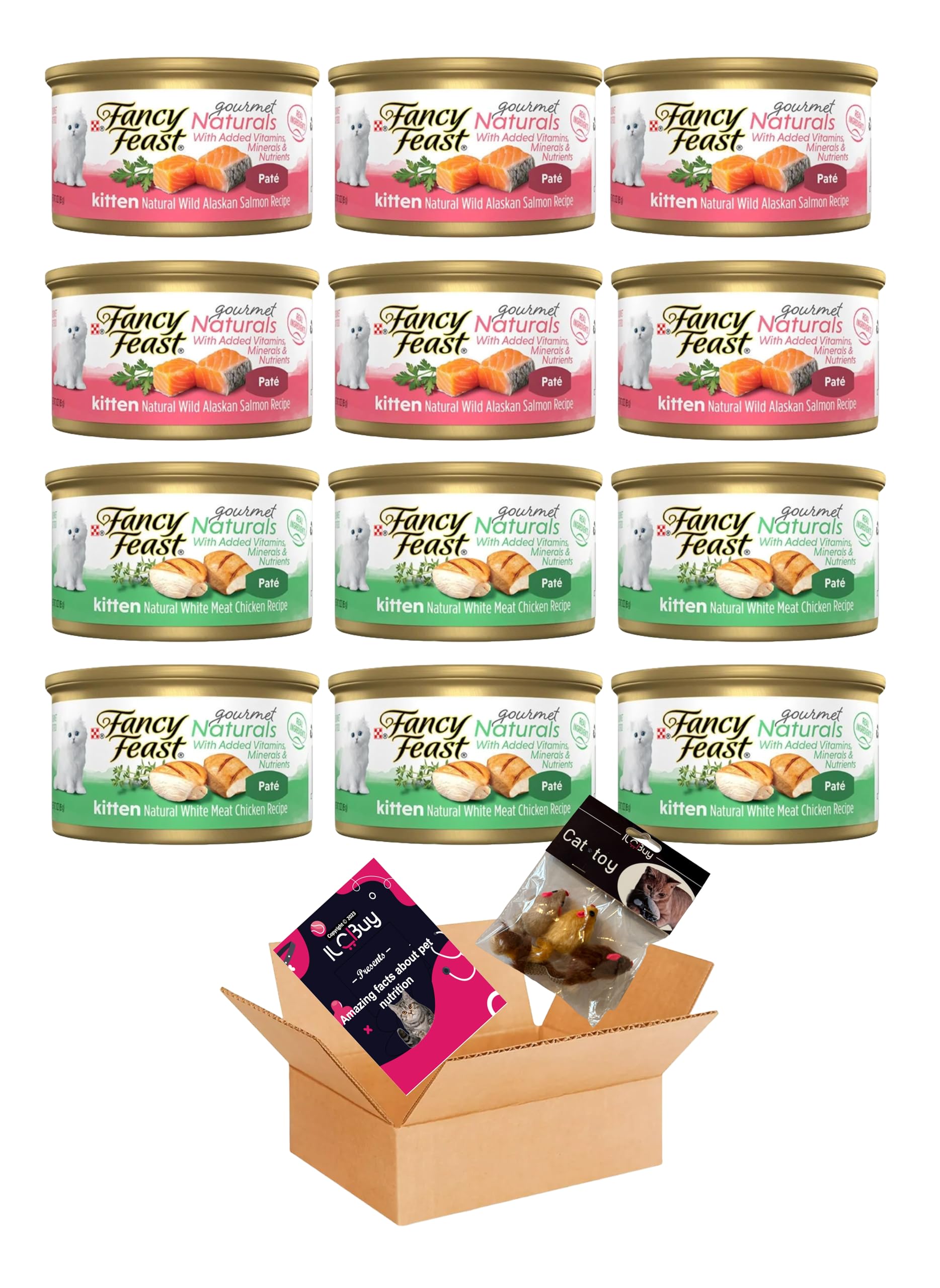Kitten Gourmet Naturals Pate Bundle Salmon (06 cans) and Kitten Pate Chicken(06 cans) Total Pack of 12 cans.Includes Kit with 03 Mouse Toys and Booklet.