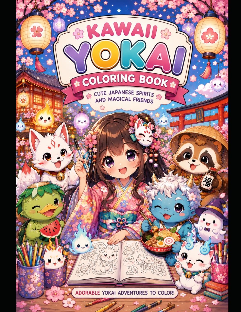 Cute Kawaii Yokai Coloring Book for Adults & Teens Japanese Fantasy Creatures, Cozy Festivals, Magical Towns & Relaxing Coloring Pages: Adorable ... Trains, Shops, and Cozy Fantasy Scenes