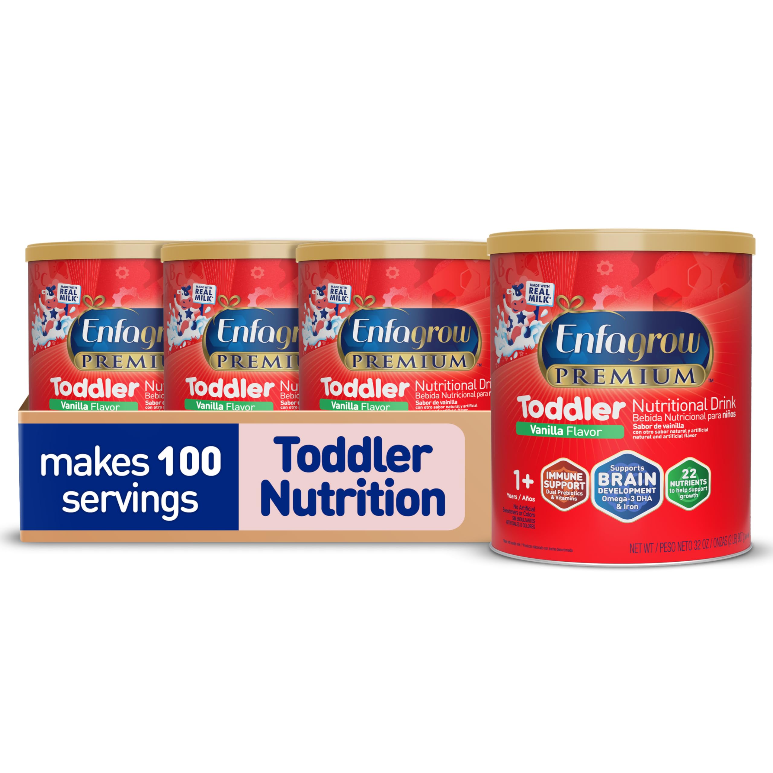 Enfagrow Premium Toddler Nutritional Drink, Vanilla Flavor, Omega-3 DHA for Brain Support, Prebiotics & Vitamins for Immune Health, Powder Can, 32 Oz, Pack of 4