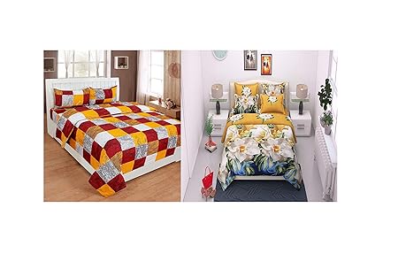 FURNISHING KINGDOM Cotton Combo Set of 2 King Size Double Bedsheet with 4 Pillow covers (Multicolour)