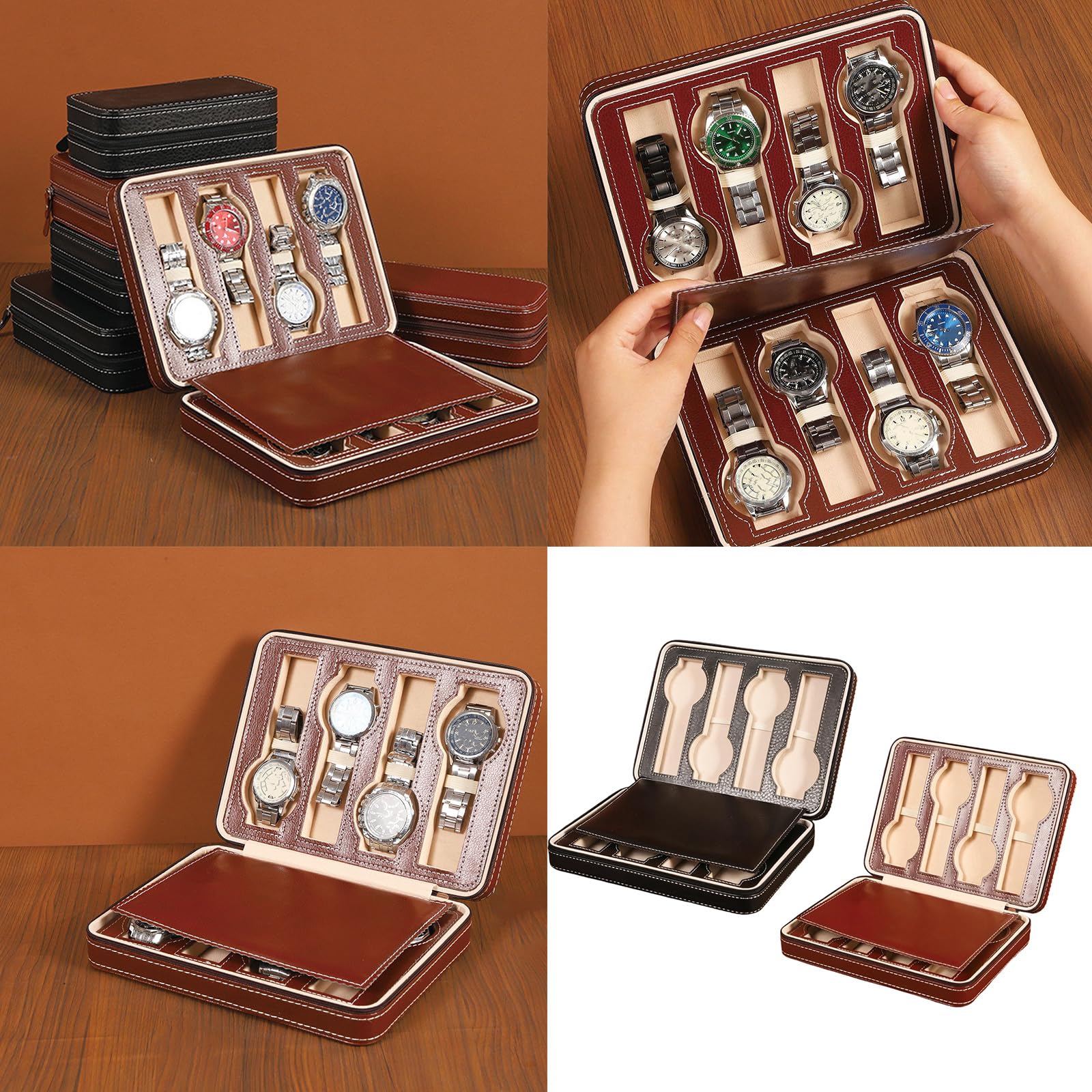 Estuche organizador de relojes con 8 ranuras con exterior de PU, ranuras acolchadas suaves y cierre de cremallera para almacenamiento en hogar y rollo de exhibición Soporte de viaje para relojes