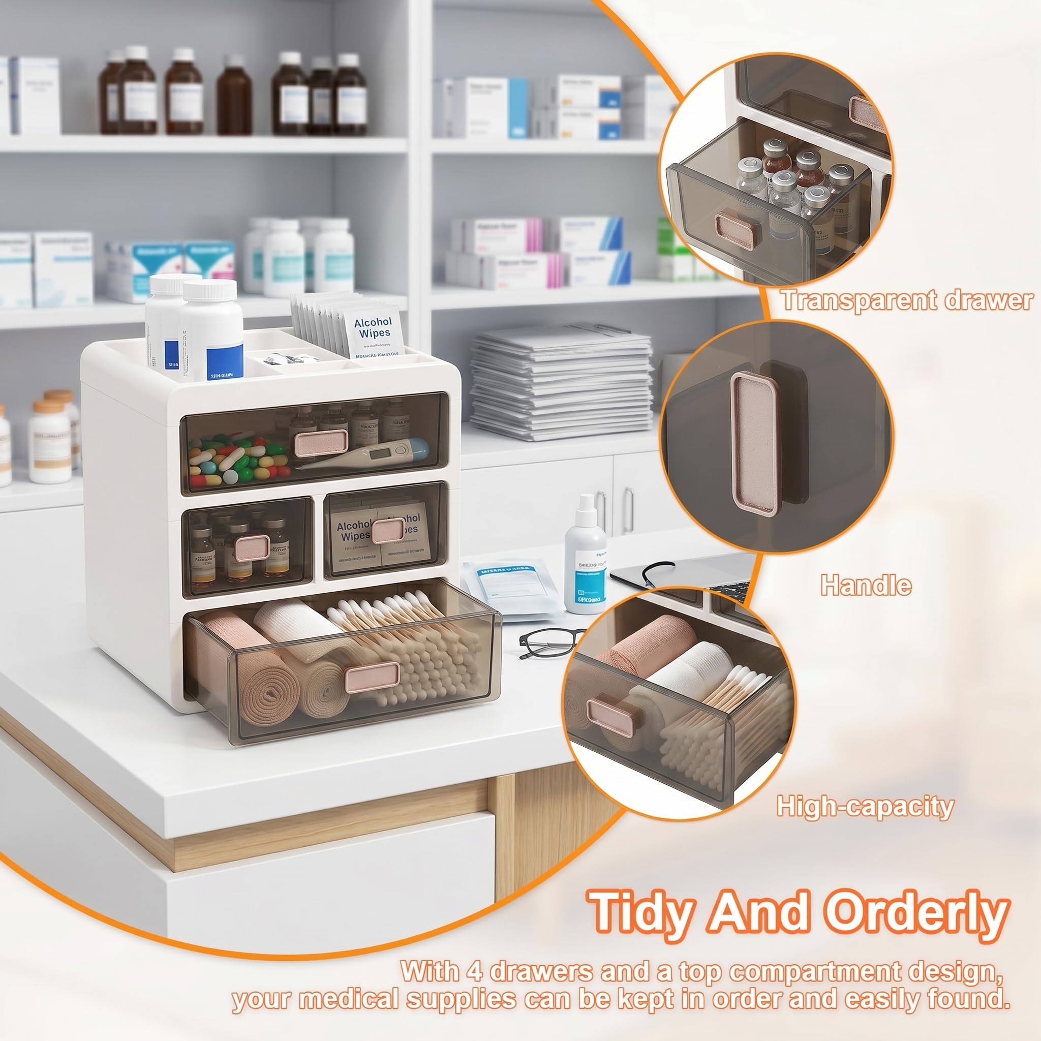 Scatola Organizer per Medicinali 4 Livelli, Porta Medicine da Casa con Cassetti Trasparenti, Contenitore per Farmaci, Vitamine e Cosmetici, Pronto all'Uso per Casa e Ufficio
