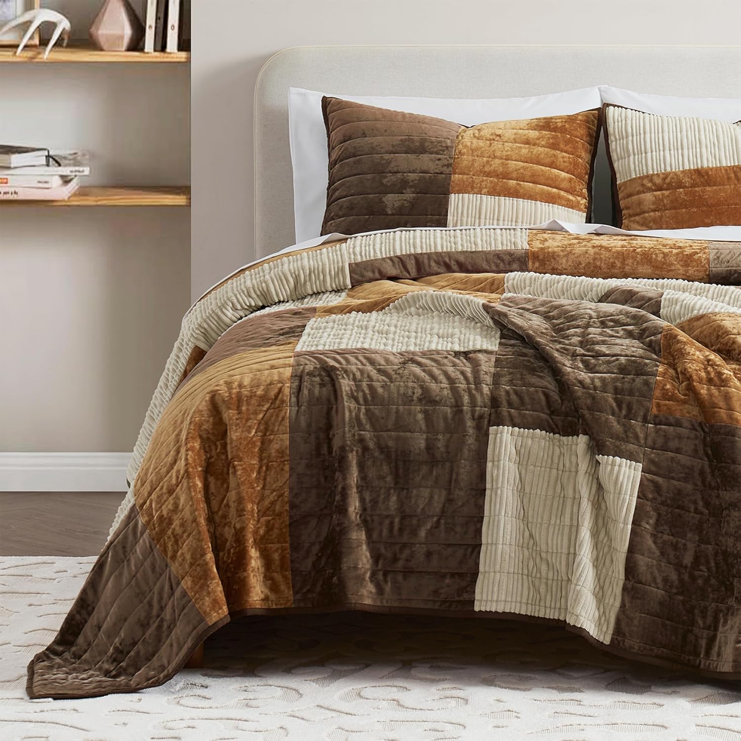 Wonderful 3-Piece Velvet Patchwork Quilt Set, King Striped Channel Stitch Brown Quilt,Pet-Friendly,Soft Lightweight Comforter Versatile as Quilt/Bedspread for Adults Teens Kids Bedroom,106"x94"