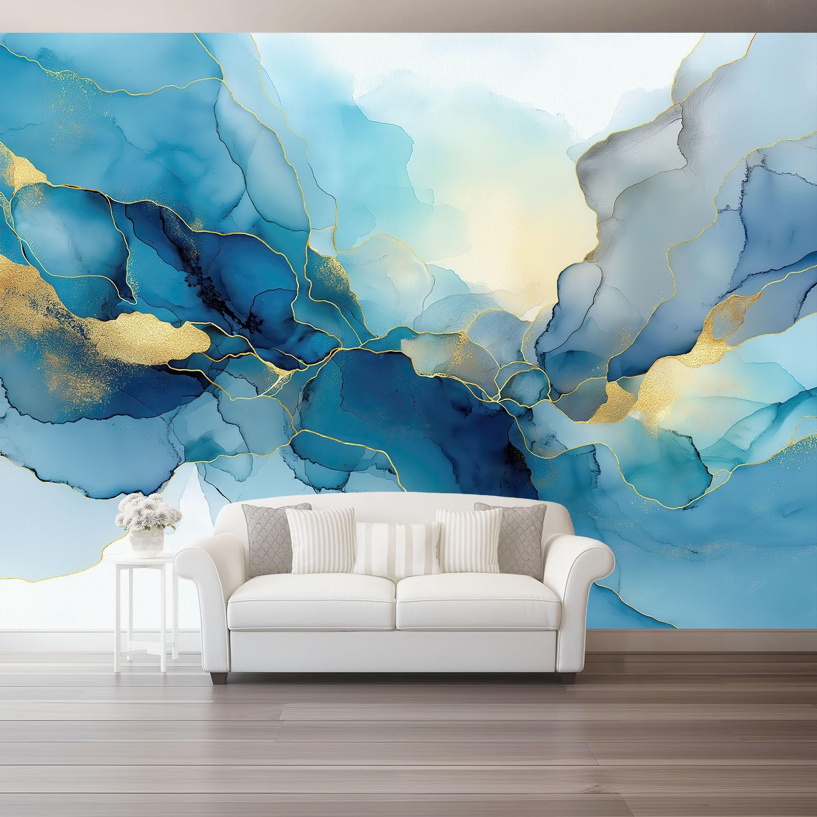 Tapeta z motywem, 250 x 175 cm, sztuka, akwarela, złoty liść, wodoodporna dekoracja ścienna do pokoju młodzieżowego i kącika gamingowego, niebieska