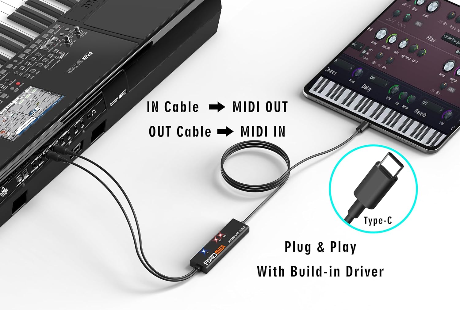FORE MIDI to USB Interface Compatible with USB Type-C MIDI Cable with Input&Output Work with MIDI Keyboard/Synthesizer/MIDI Deivce Compatible with iOS&Android, Windows/Mac OS Black&Orange - 6.5Ft