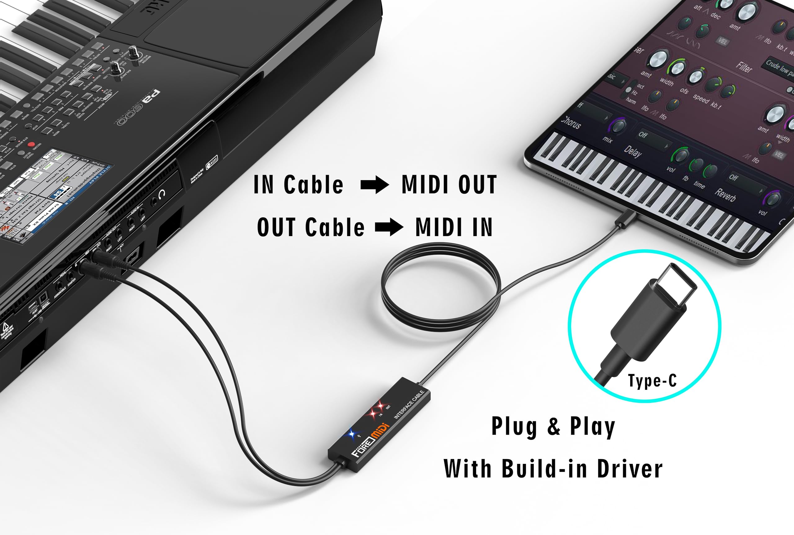 FORE Interfaz MIDI a USB compatible con cable MIDI USB tipo C con entrada y salida, funciona con teclado MIDI/sintetizador/MIDI Deivce compatible con iOS y Android, Windows/Mac OS negro y naranja, 6.5