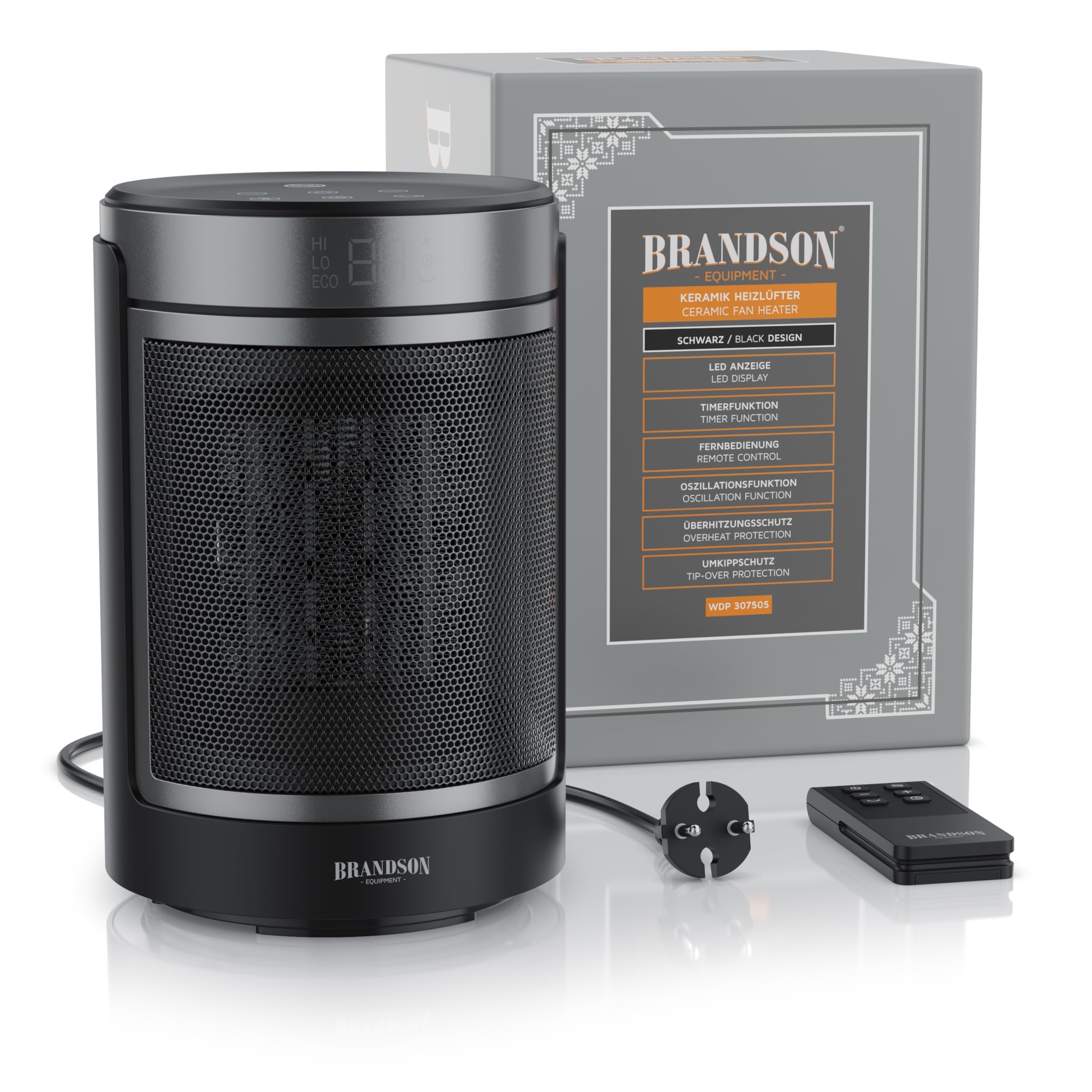 Brandson - Heizlüfter mit Fernbedienung - ECO Modus für energiesparenden Betrieb – Oszillation 50° - 2 Heizstufen - Überhitzungs- und Umkippschutz