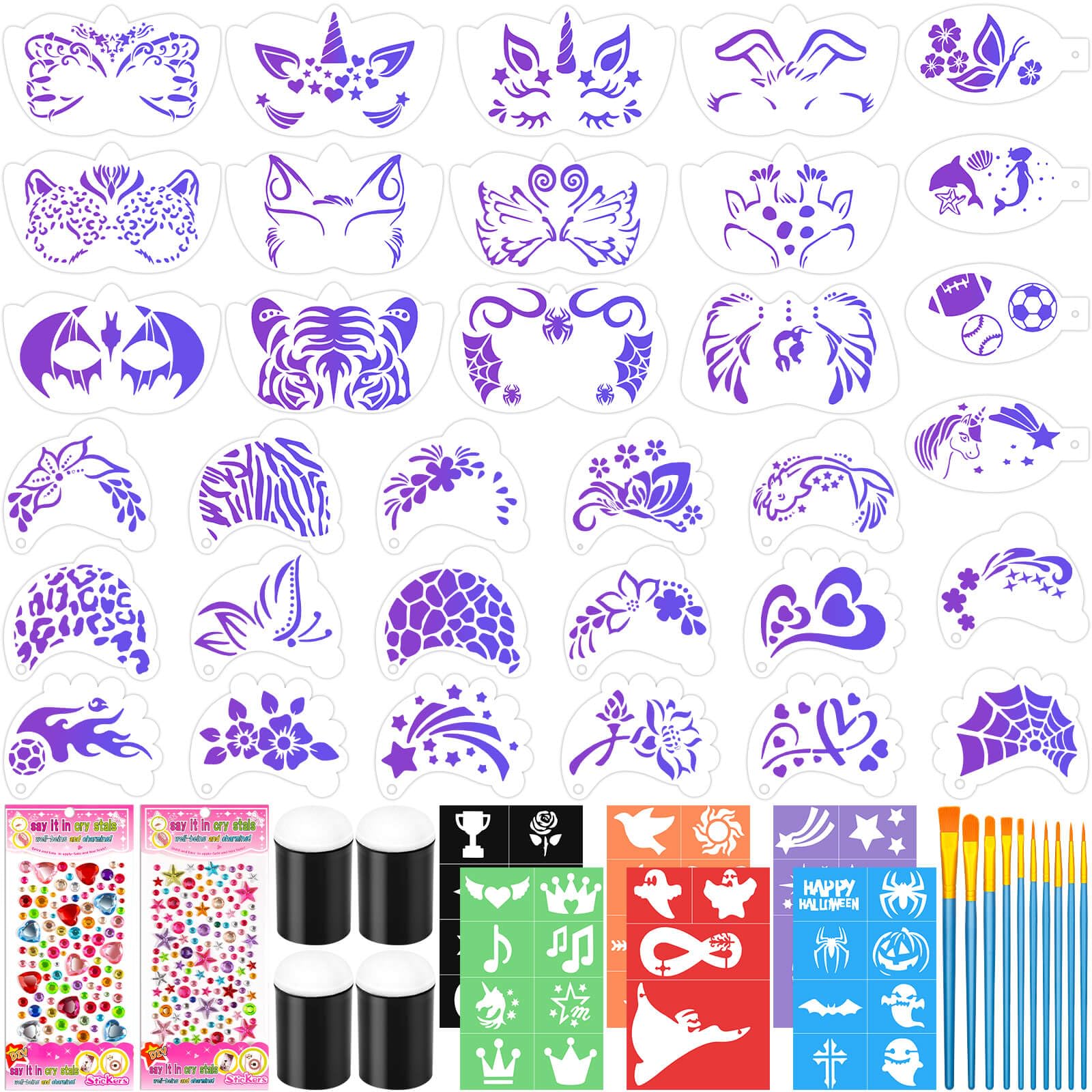 Face Paint Stencils Kit Includes 33 Reusable Stencils 6 Sheets Sticker Templates 10 Brushes 2 Pack Adhesive Gems 4 Sponges for Halloween Festival Party Makeup