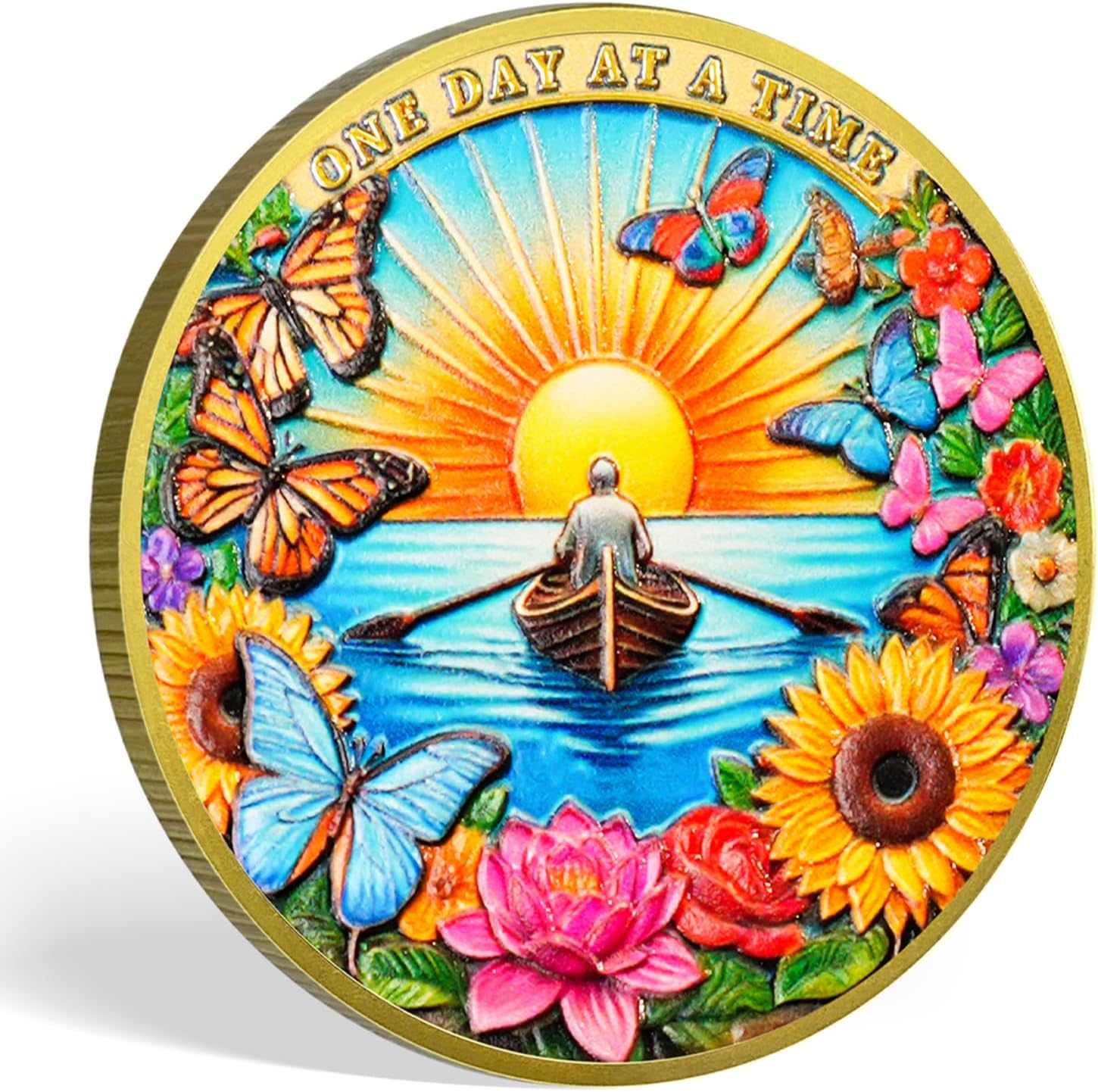 Flower Butterfly and Rising Sun Sobriety Coin | Celebrating Recovery and Personal Growth with AA Medallions | Ideal Sobriety Gift for Men and Women（1 Year）