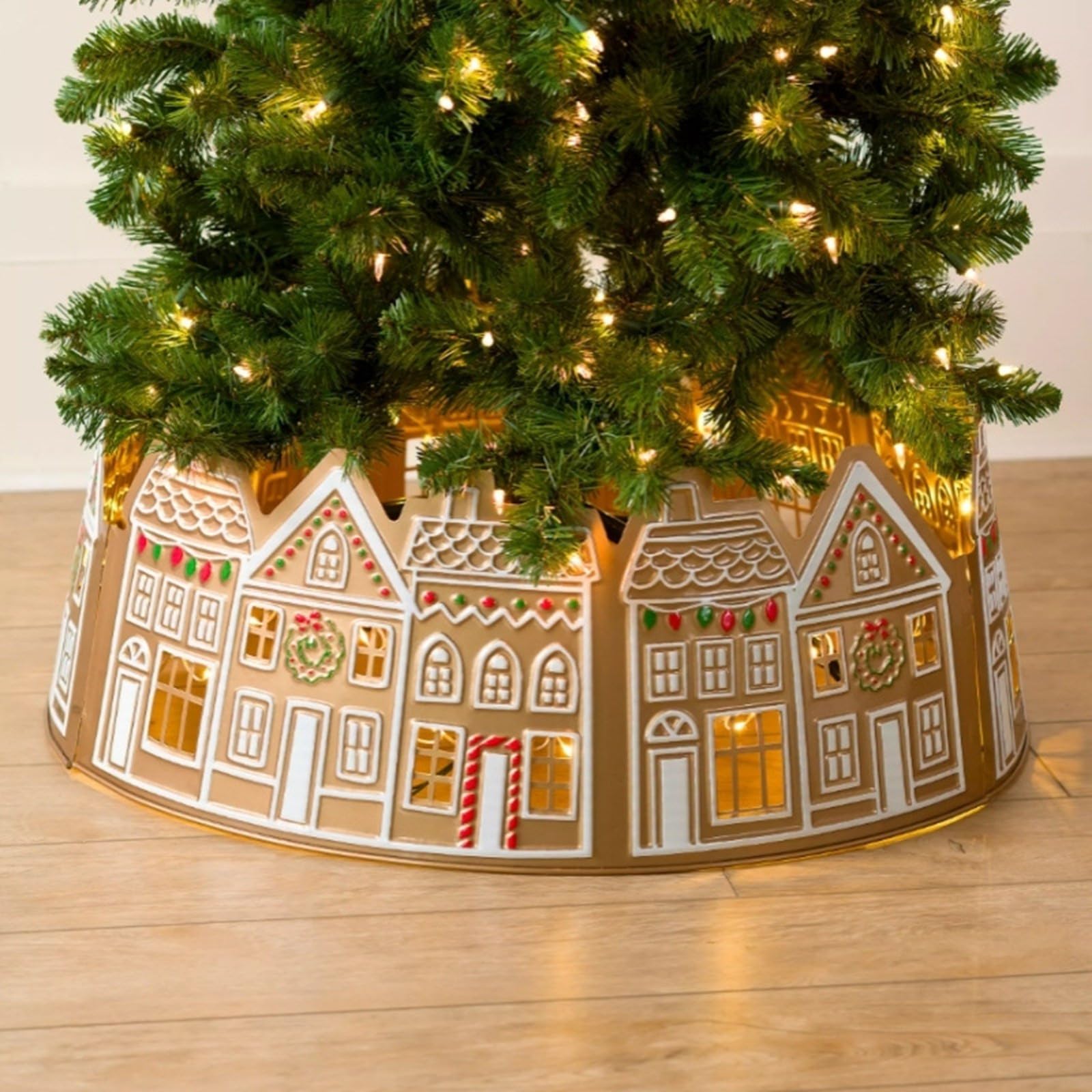 Christmas Tree Skirt 23.6 inch/28 inch Gingerbread House Christmas Tree Collar for Family Christmas Party, DIY Christmas Tree Decoration Lighting Christmas Tree Collar LED Christmas Tree Skirt (S)