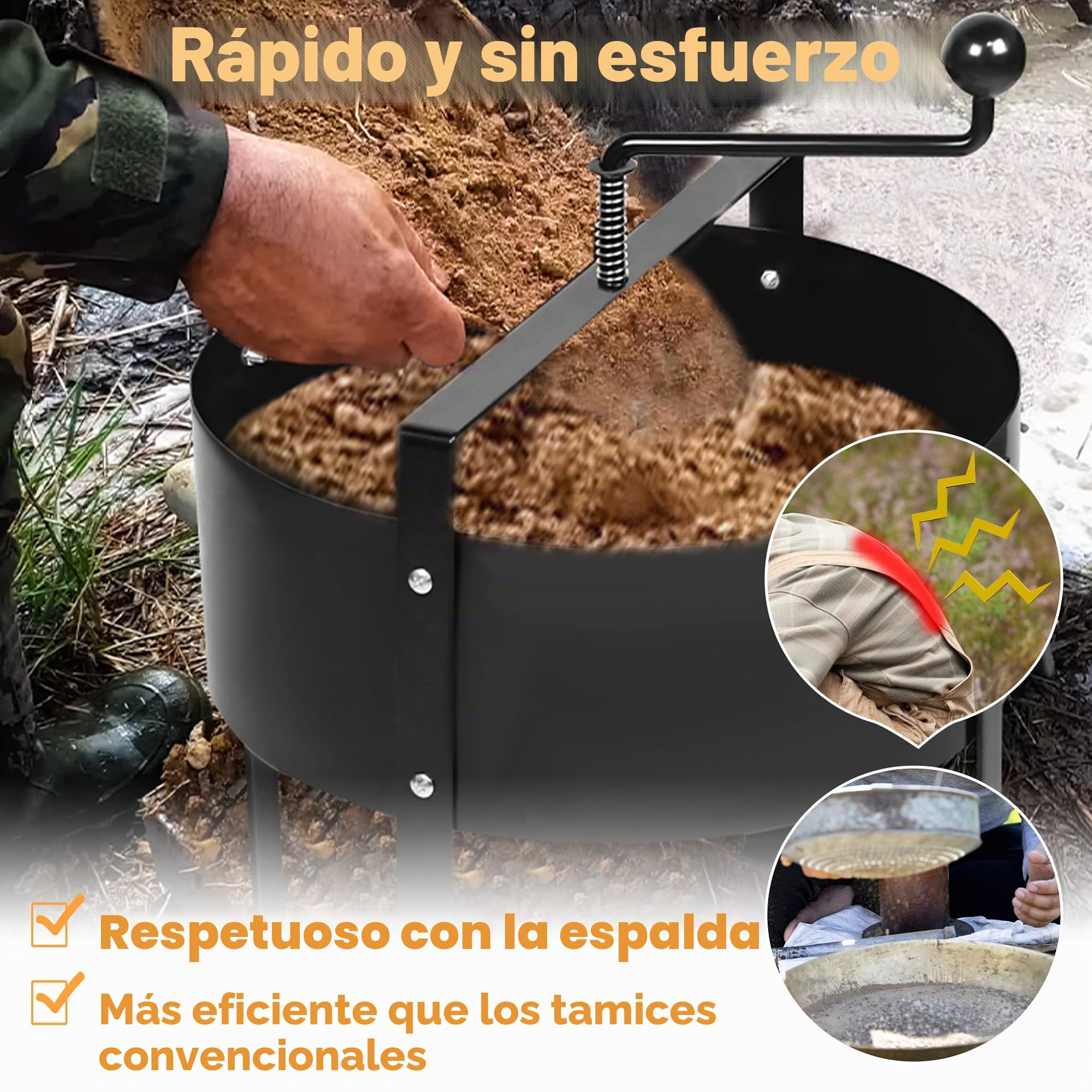 UISEBRT Tamiz para jardín, colador de suelo, colador de manivela, diámetro de 40 cm, colador de metal para tierra, piedras, compost de malas hierbas, arena, negro