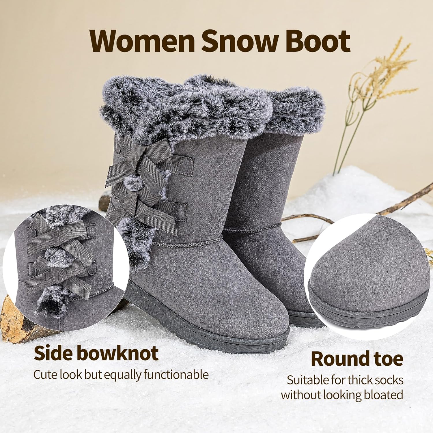 Uoidru Women's Snow Boots Anti-Slip Mid-calf Winter Boots for Womens Faux Fur Lined Winter Suede Snow Boots Womens Comfortable Fashion Boots - Image 4