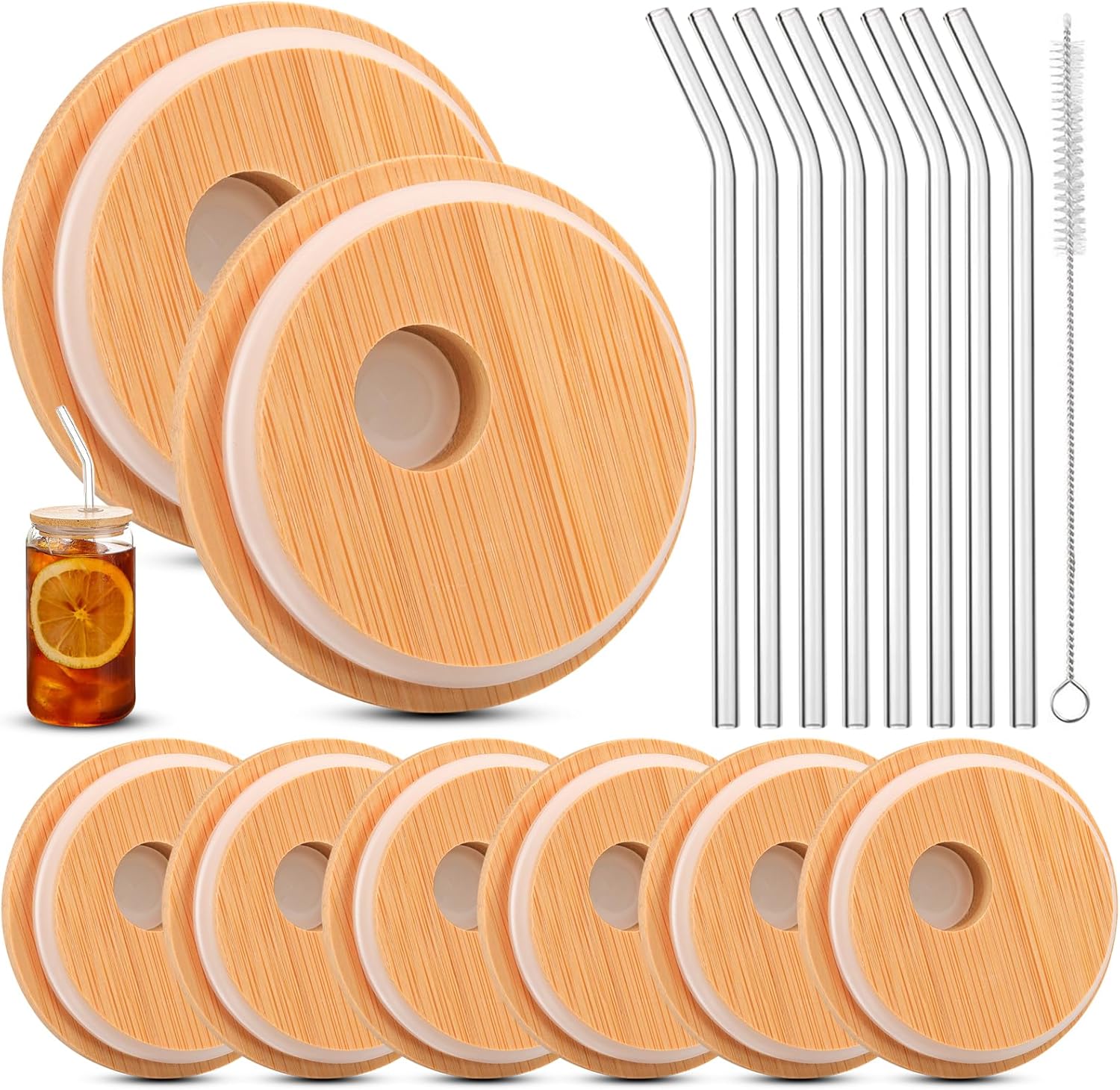 8 Pack Bamboo Lids For Glass Cups,Cymuber Reusable Wooden Lids for Glass Cups,Fit for 2.36 inch/60mm Internal Diameter Airtight Regular Mouth with Canning Lids for Drinking jars, Beer Glasses,Soda Can
