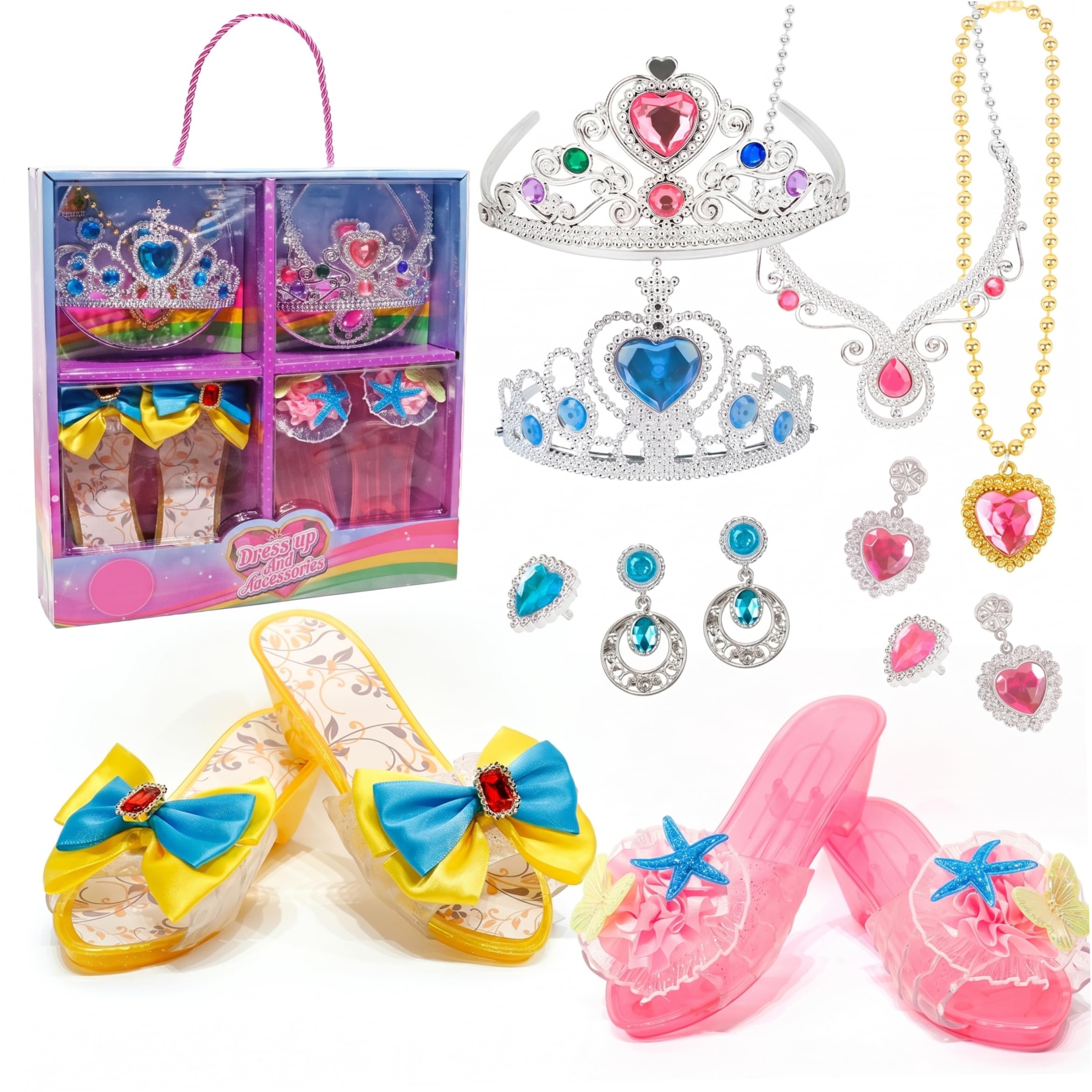 Faticenic Princess Dress Up Set, 10-piece Princess Dress Up Set For Girls 4-6 - Sparkly Crown, Jewelry & Bow Slippers, Colorful Toys, Girls