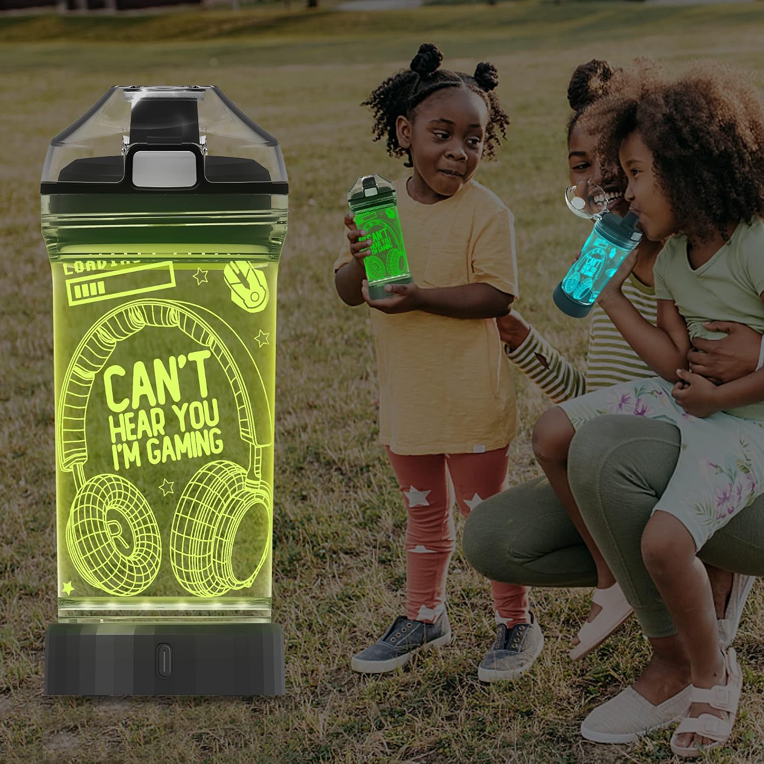 YuanDian Can't Hear You I'm Gaming Water Bottle, Headphone 7 Color Lights 3D Light up Drinking Cups Gifts for Gamers Boys, BPA Free & Leak Proof Flip Top Lid & Easy Clean & Carry Handle, 14oz/400ml image 5