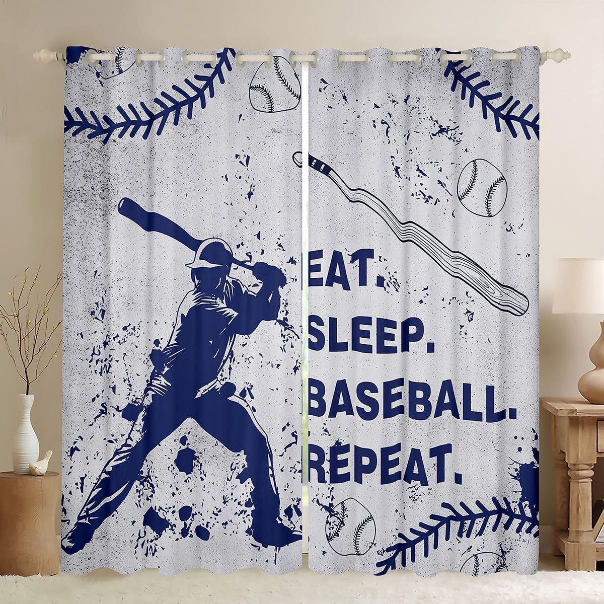Feelyou Boys Baseball Curtains for Bedroom Living Room Eat Sleep Baseball Blackout Curtains (2 Panels, 42 x 63 Inch) Sports Player Darkening Drapes Blue Tie Dye