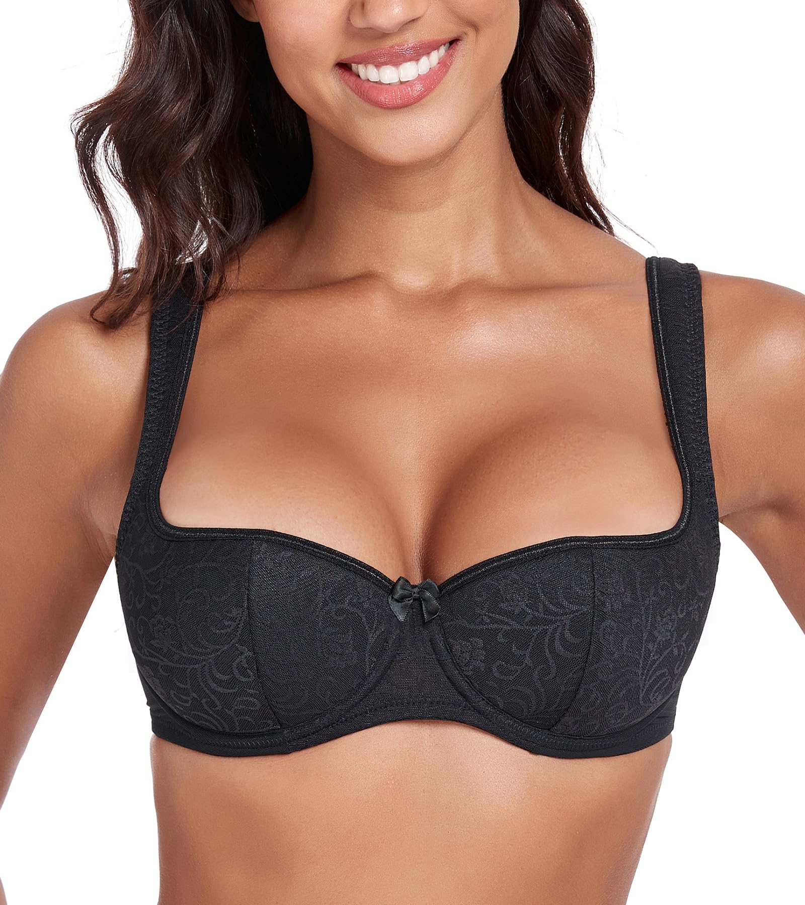 Exclare Balconette Bra for Women Demi Cup Underwire Push up Padded Lace Plunge Sexy Everyday Lingerie