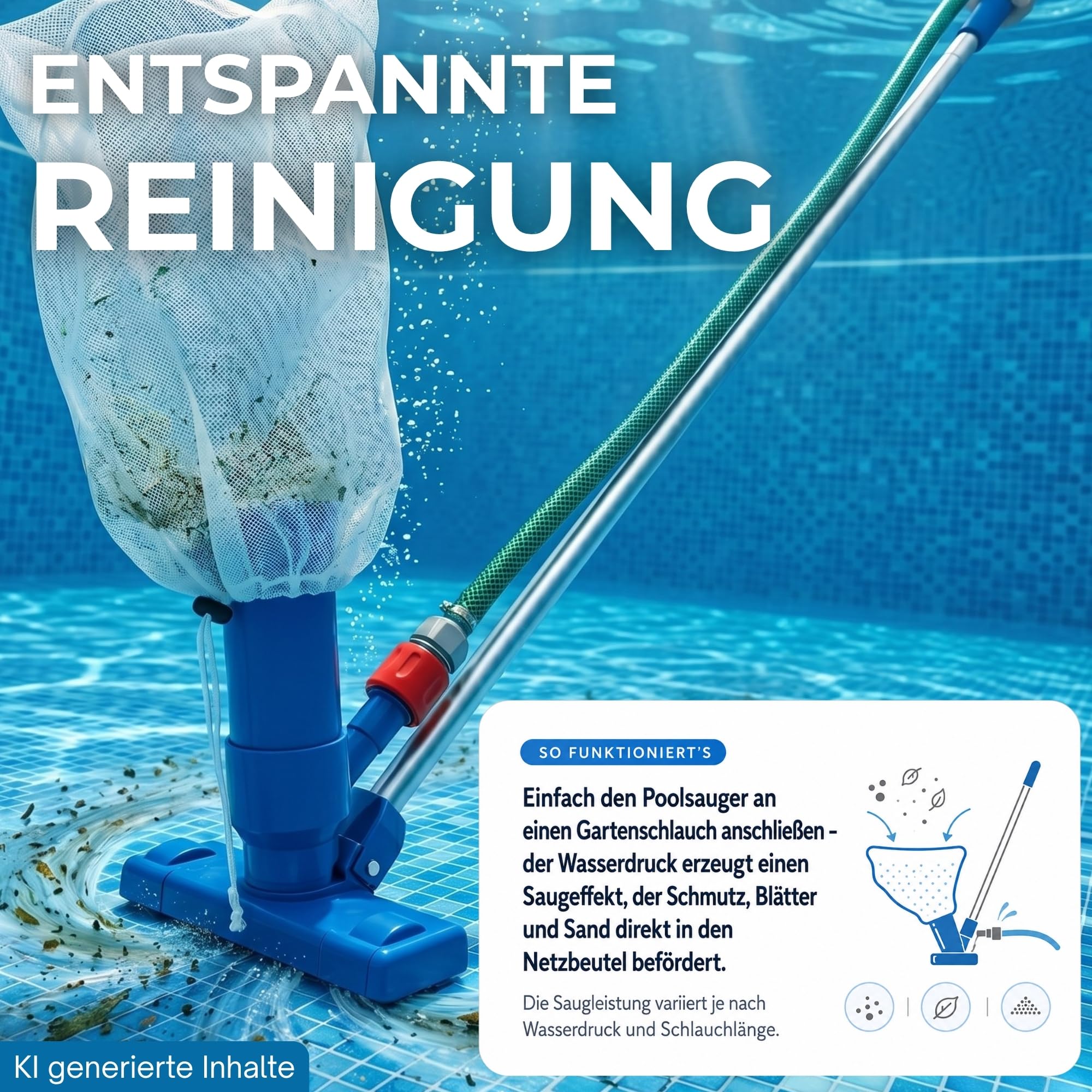Hand Poolsauger passend für Gardena Gartenschlauch I Pool Bodendüse + Stange Sauger Poolbürste Poolreiniger Bodenreiniger Saugbürste Poolboden
