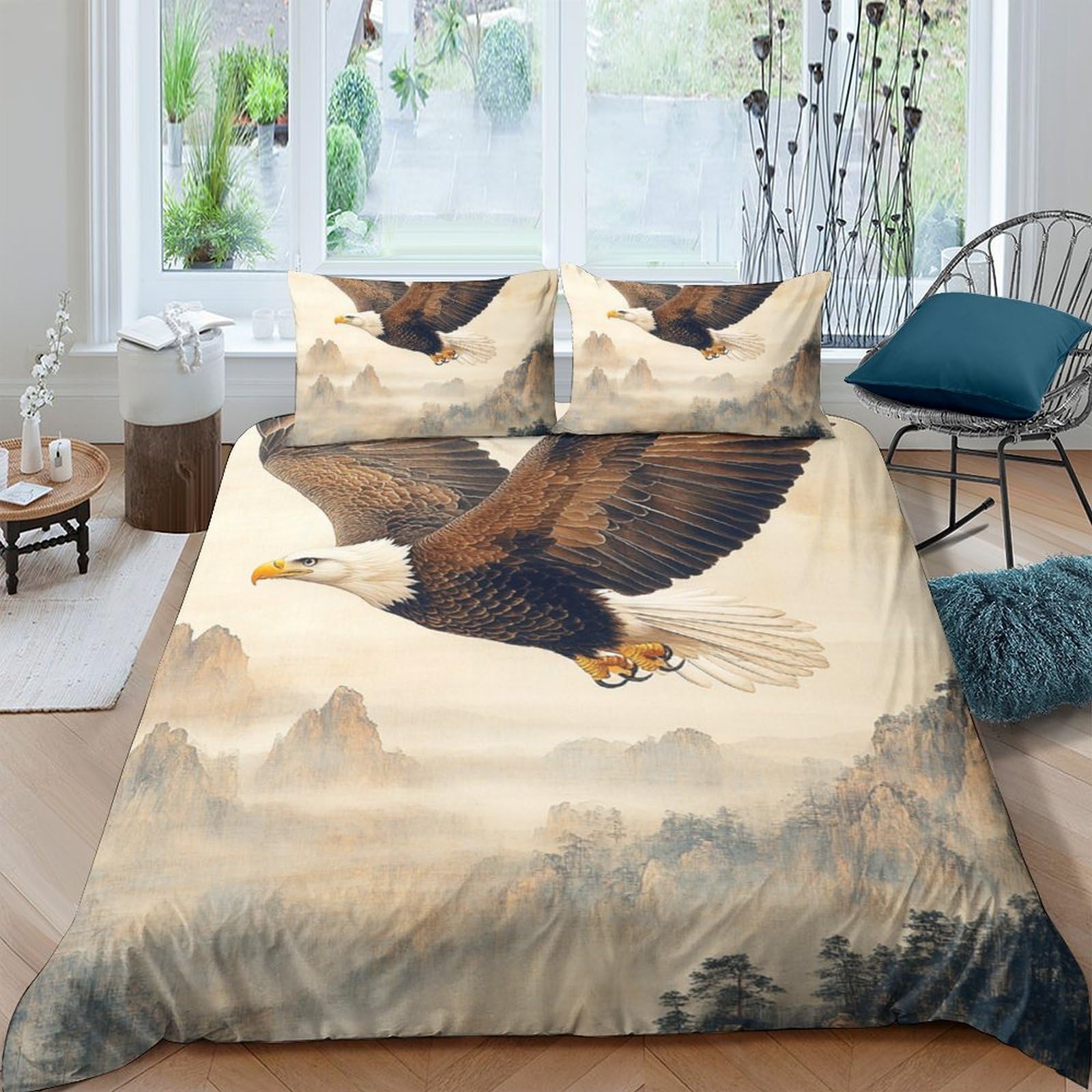 Ctjqhvkz Style-1 3D Printed Eagle Soaring Mountain Fitted Sheet Microfiber Soft Breathable Forest Bed Cover For Bedroom Lodge Decor Single（135X200cm）