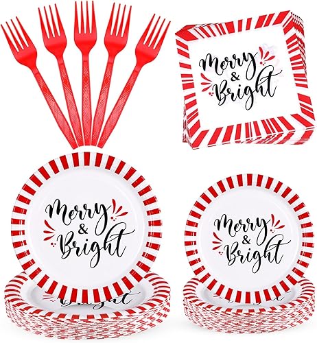 96 piezas de suministros de fiesta de Navidad, platos de papel y servilletas, juego de vajilla desechable, incluye platos de Navidad, servilletas,