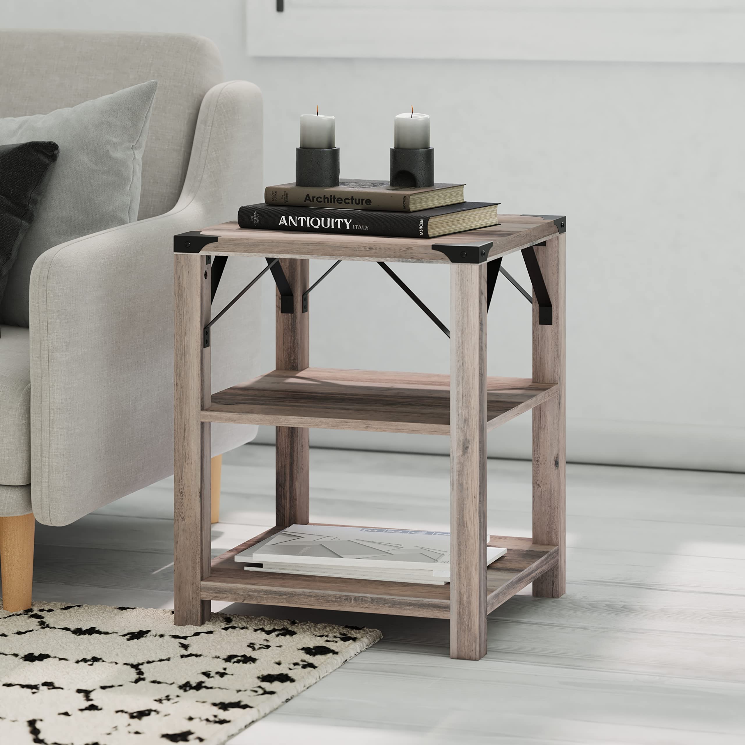 EMMA + OLIVERMarella Modern Farmhouse End Table - Engineered Wood Construction in Gray Wash - Powder Coated Steel Accents - Two Tiers for Storage