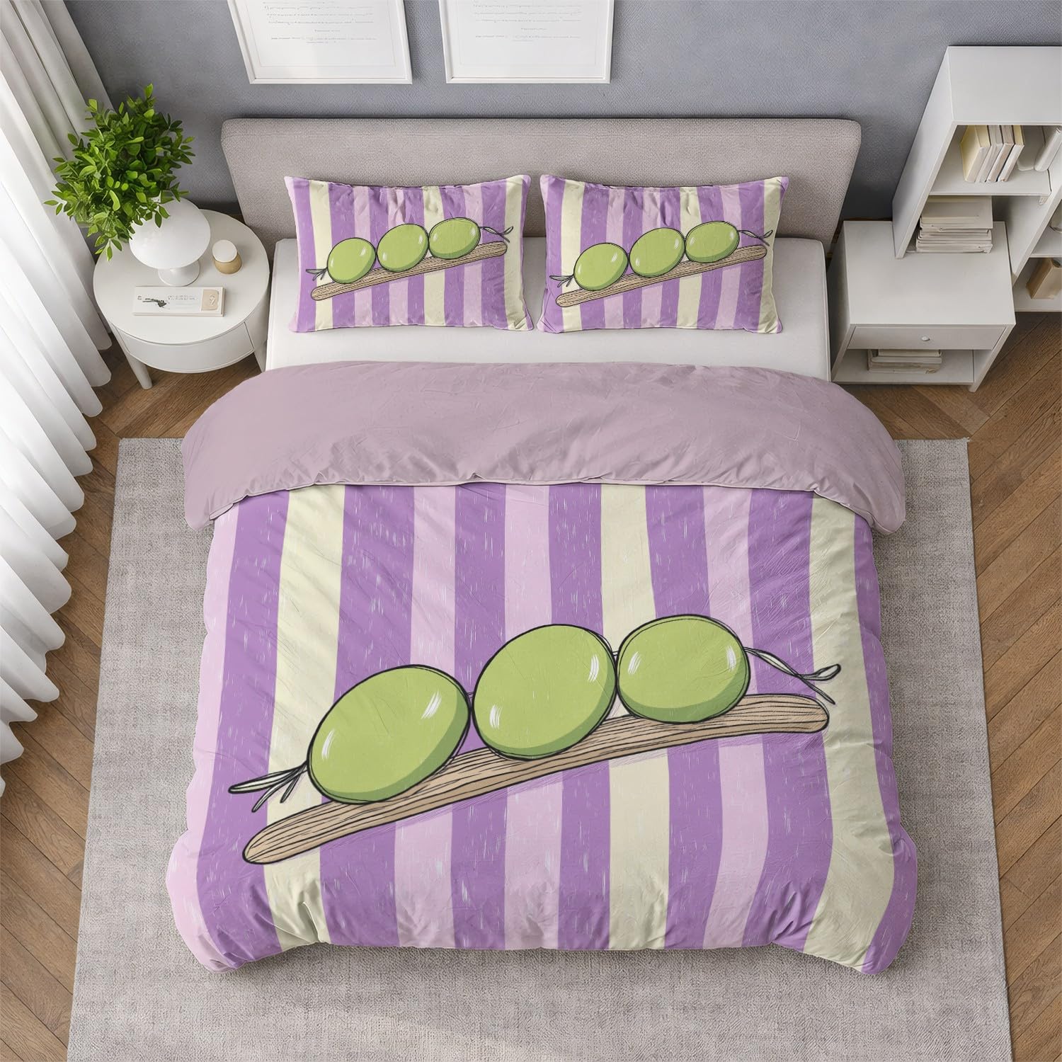 Minimalistyczna pościel wys. 155 x szer. 220 cm, komiks, urocza oliwkowa, zestaw pościeli 3-częściowej, super miękka i nie wymaga prasowania, dwustronna pościel z mikrofibry, 2 poszewki na poduszkę 80
