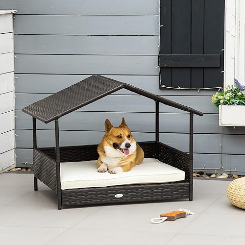 Miniatura 2 de PawHut Casa de mimbre para perros al aire libre con toldo, cama de ratán para perro con cojín resistente al agua, cama elevada para mascotas para